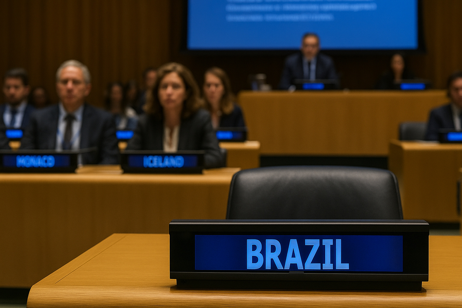 Assento vazio do Brasil em reunião da ONU sobre o Tratado do Alto-Mar, destacando ausência do país no encontro internacional.