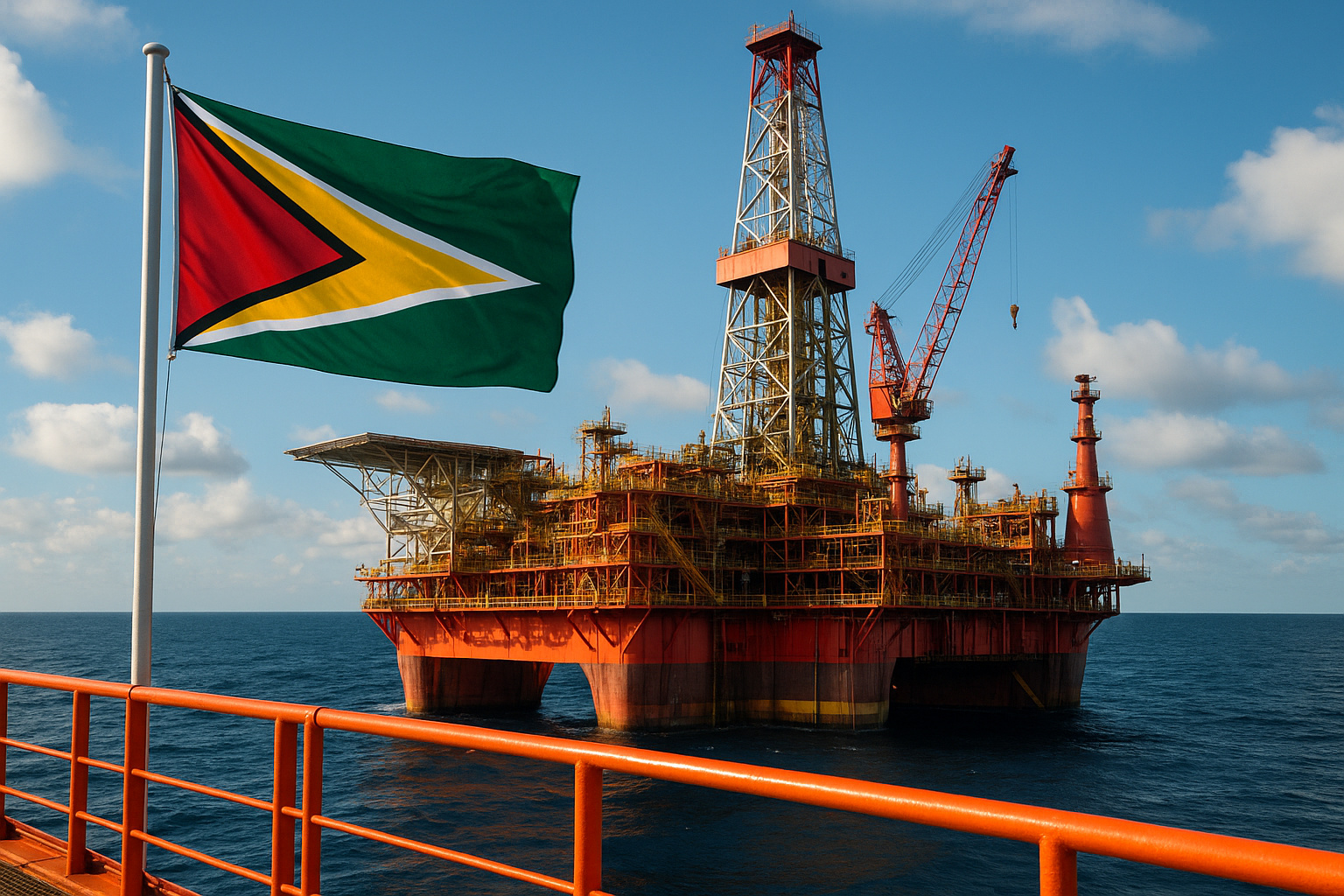Plataforma de petróleo offshore no Essequibo com bandeira da Guiana em destaque, simbolizando megaprojeto da ExxonMobil.