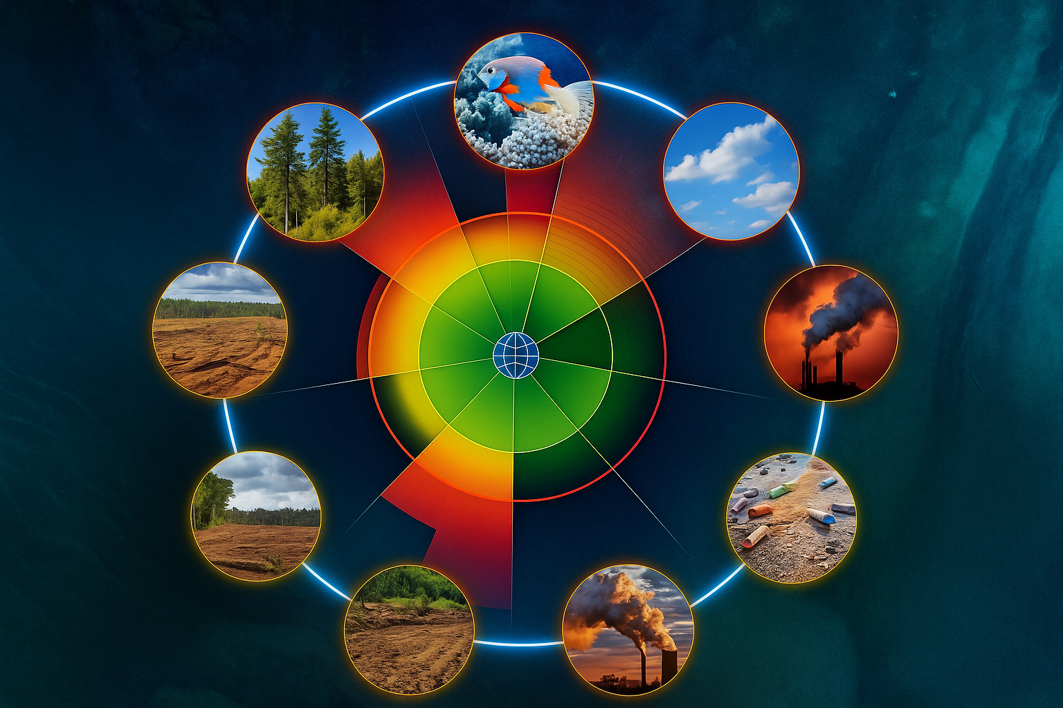 Gráfico realista dos limites planetários com fotos de desmatamento, poluição, oceanos e clima em risco