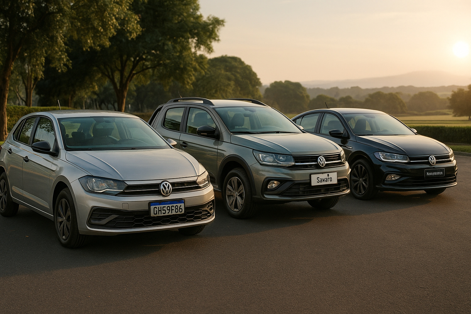 Volkswagen Polo, Saveiro e Virtus lado a lado em 2025, representando opções de carros na faixa de R$ 100 mil.