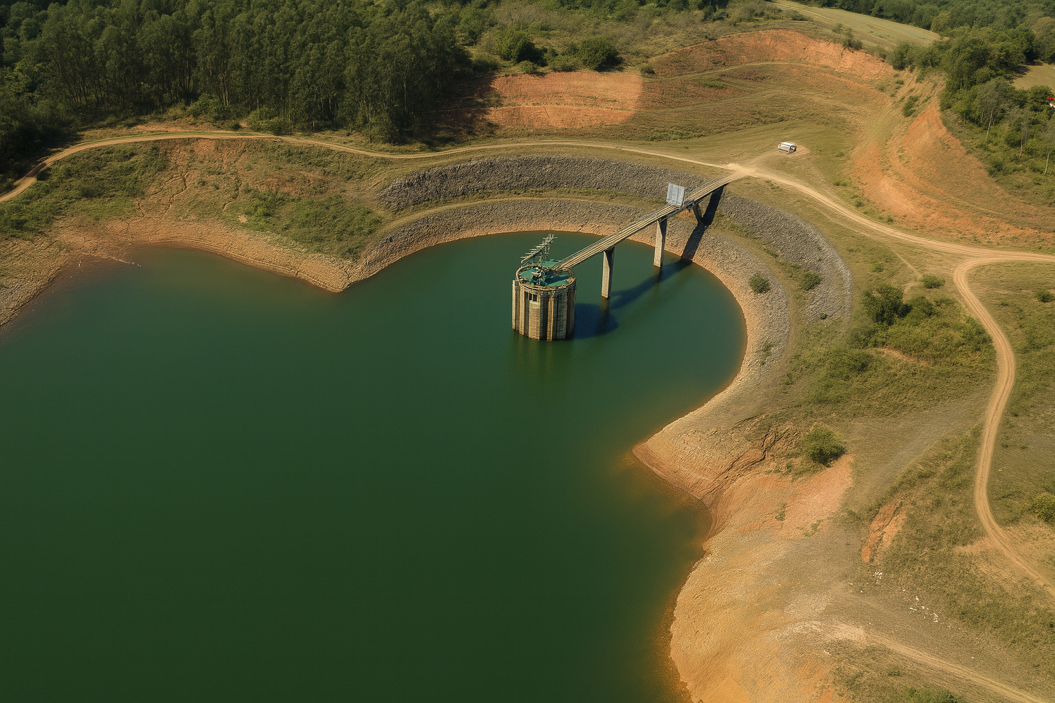 Reservatório do Sistema Cantareira com nível de água baixo em setembro de 2025, evidenciando margens expostas e alerta hídrico em São Paulo.