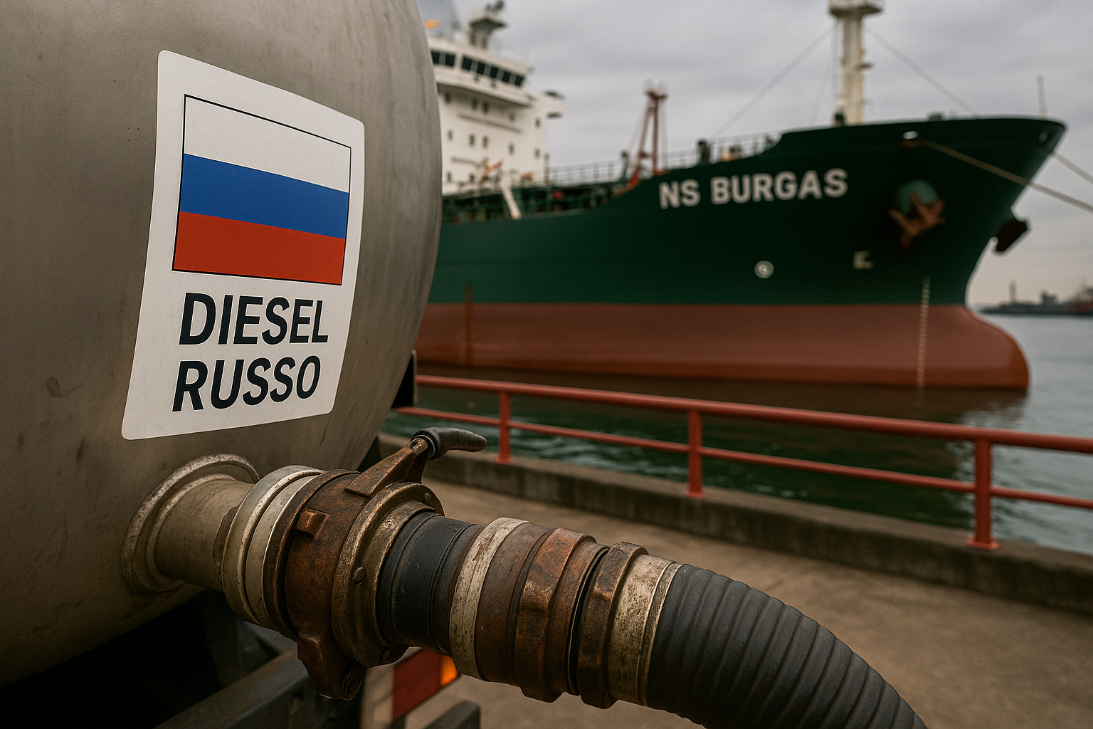 Tanque de combustível com rótulo “Diesel Russo” em porto brasileiro, representando importação direta da Rússia.