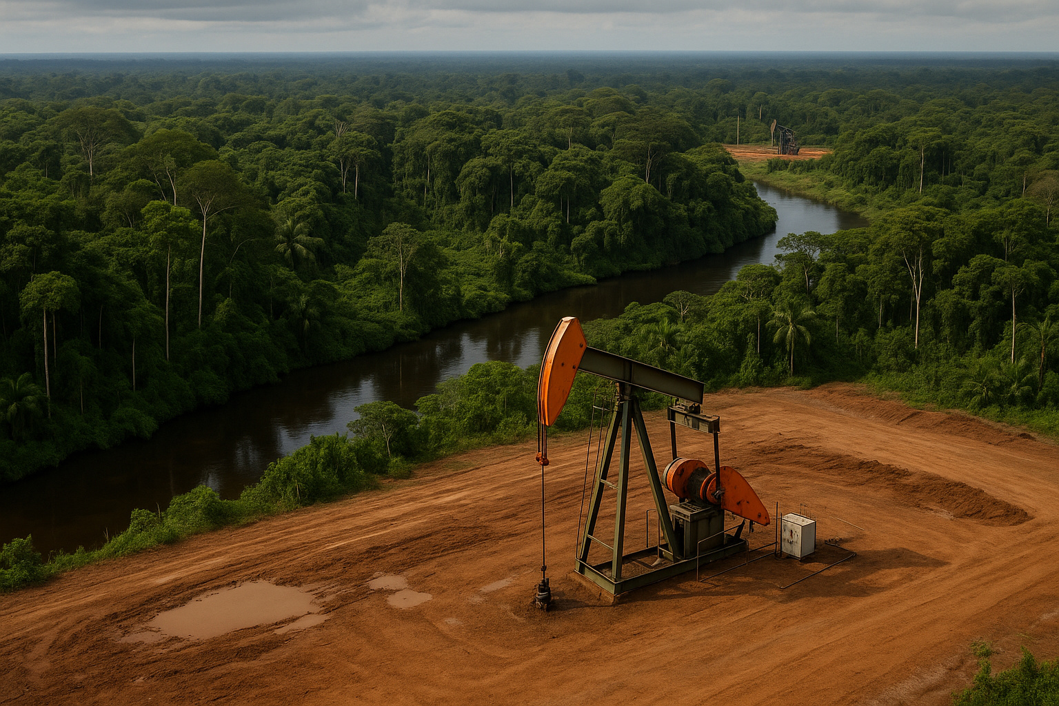 Plataforma de petróleo em área desmatada da Amazônia às margens de um rio.