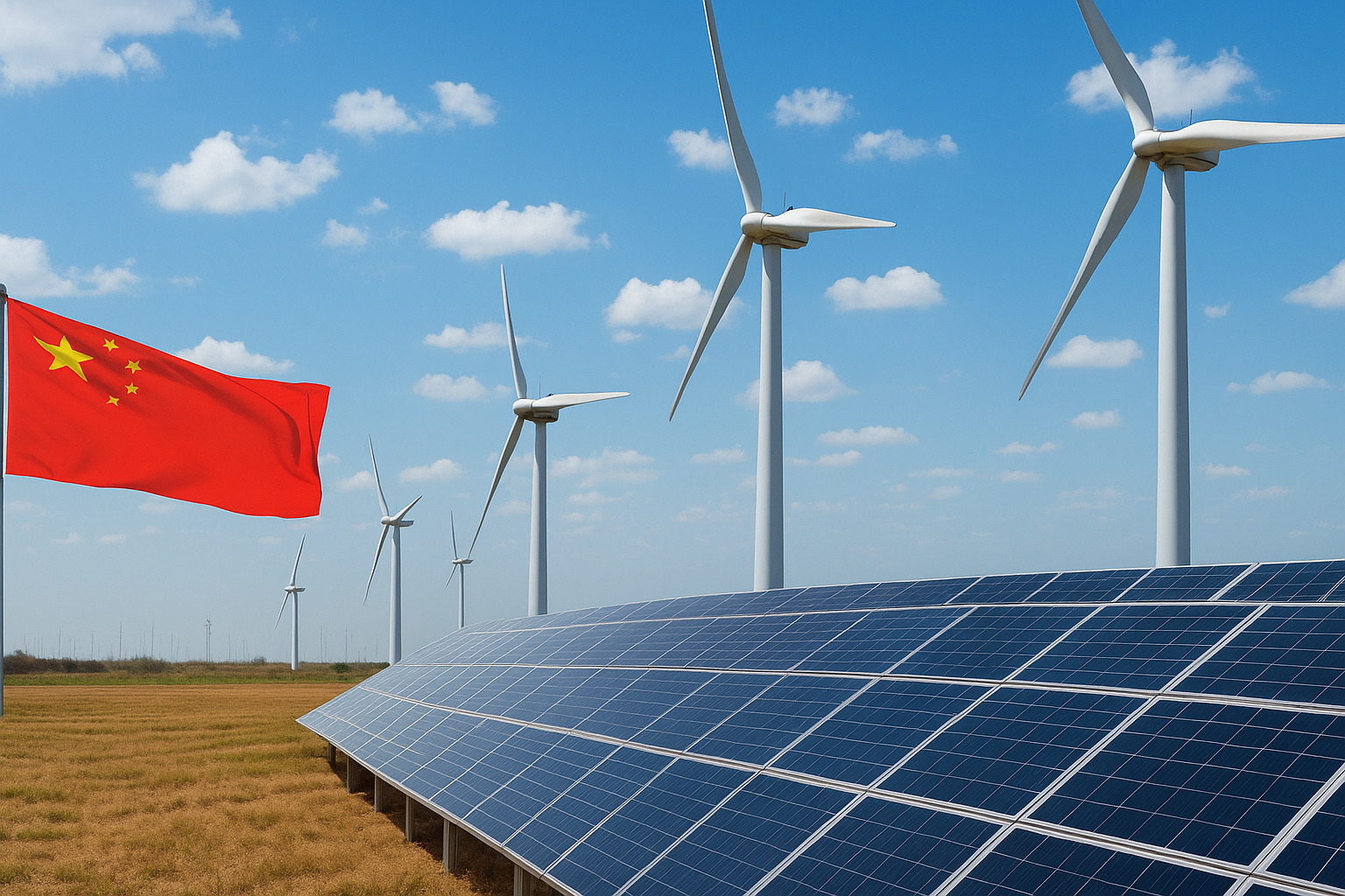 Painéis solares e turbinas eólicas na China sob céu azul parcialmente nublado ao meio-dia.