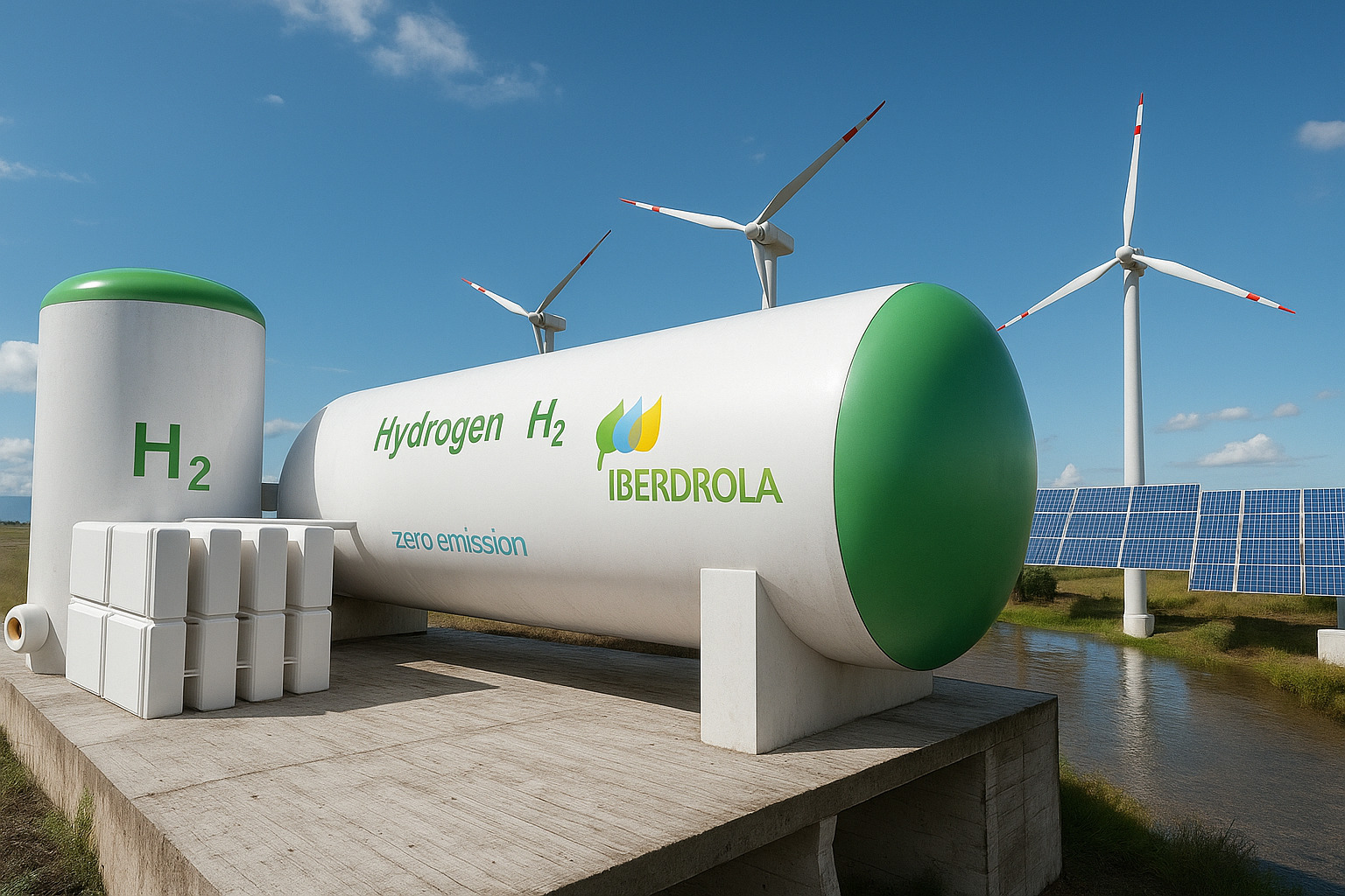 Instalação de armazenamento de hidrogênio verde da Iberdrola com aerogeradores e painéis solares ao fundo.