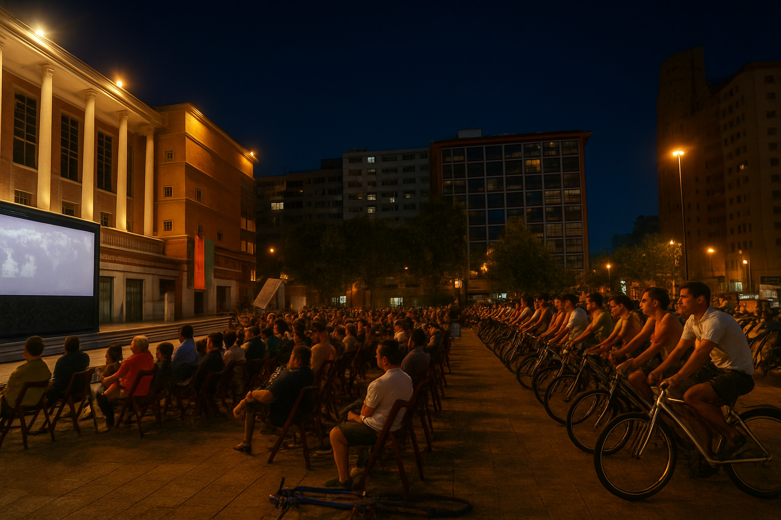 Pessoas assistindo a um filme em um cinema ao ar livre no centro da cidade ao anoitecer.