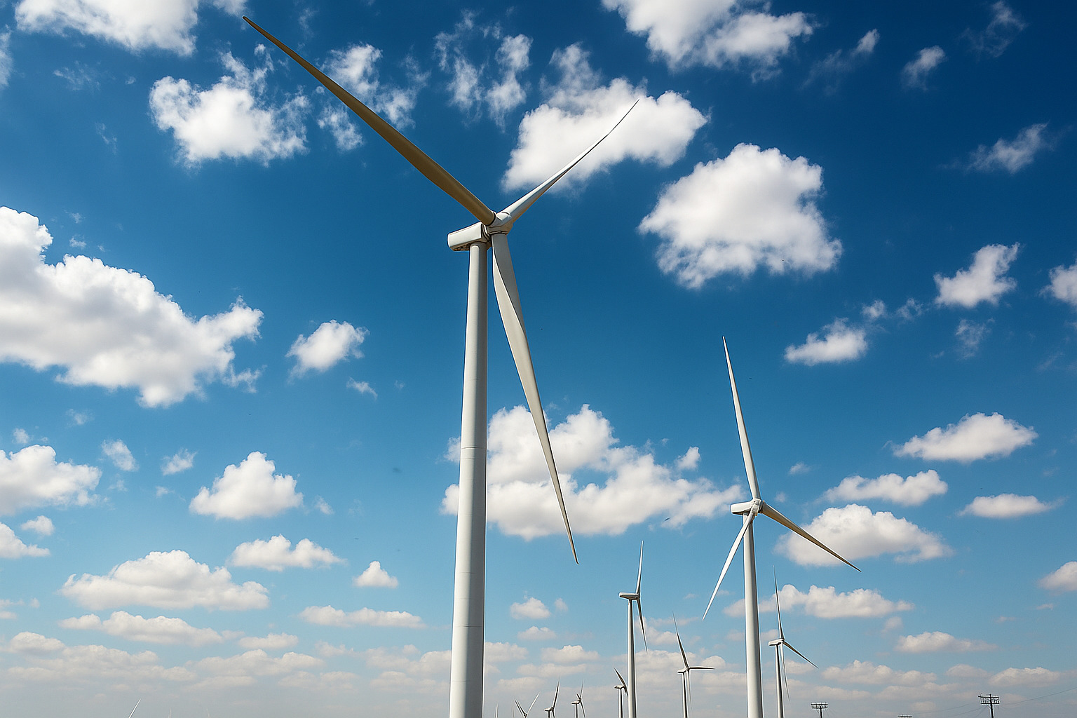 Turbinas eólicas em campo aberto com céu azul repleto de nuvens.