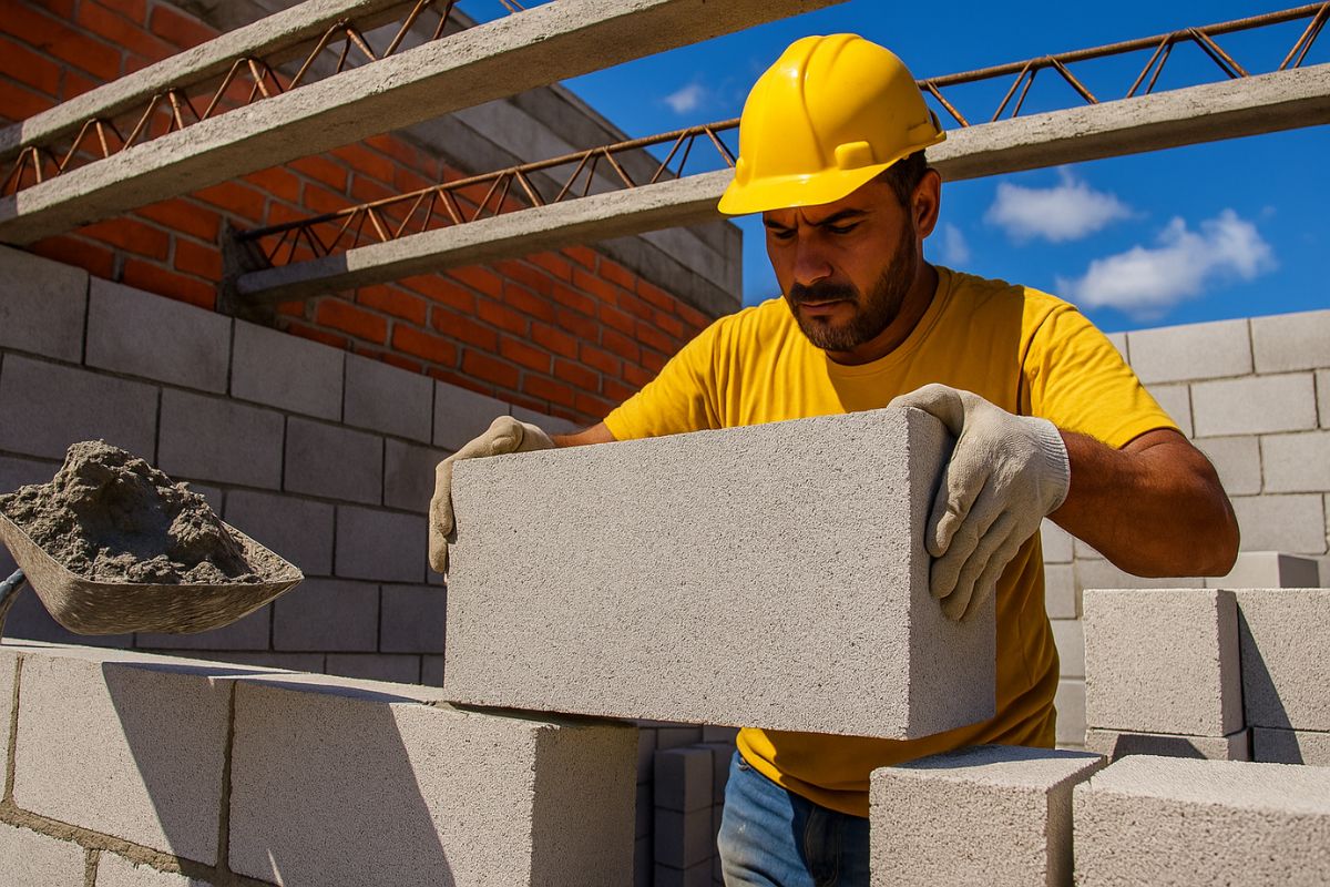 Sistema com blocos gigantes reduz 90% da argamassa, elimina formas de madeira nas vigas e permite pedreiros atingirem até 100 m² de alvenaria por dia.