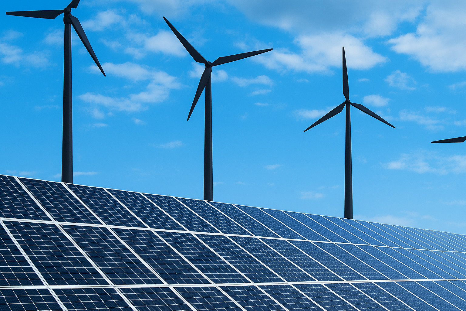 Painéis solares e turbinas eólicas sob um céu nublado ao meio-dia.