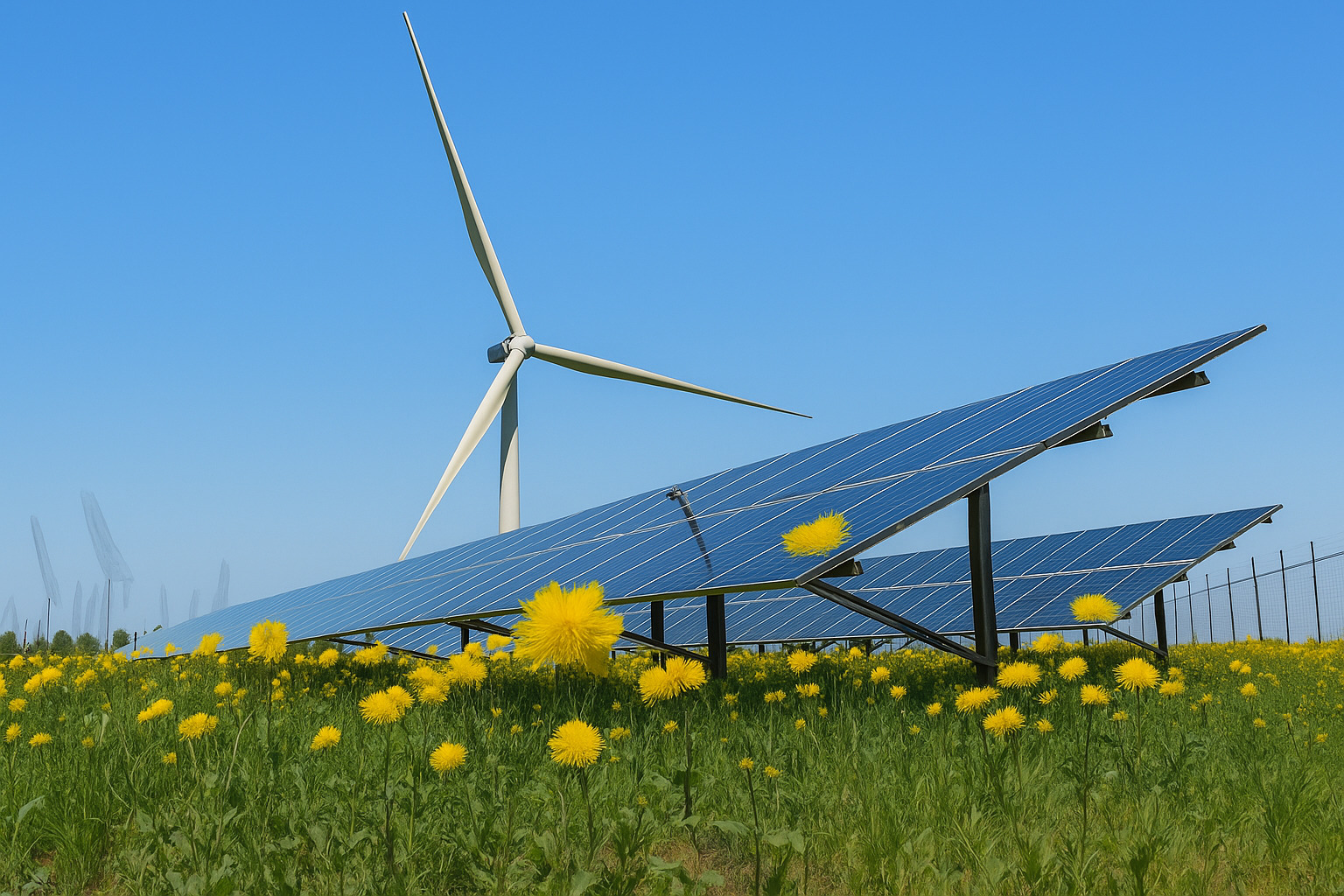 Painéis solares e turbina eólica em campo florido sob céu claro ao meio-dia.