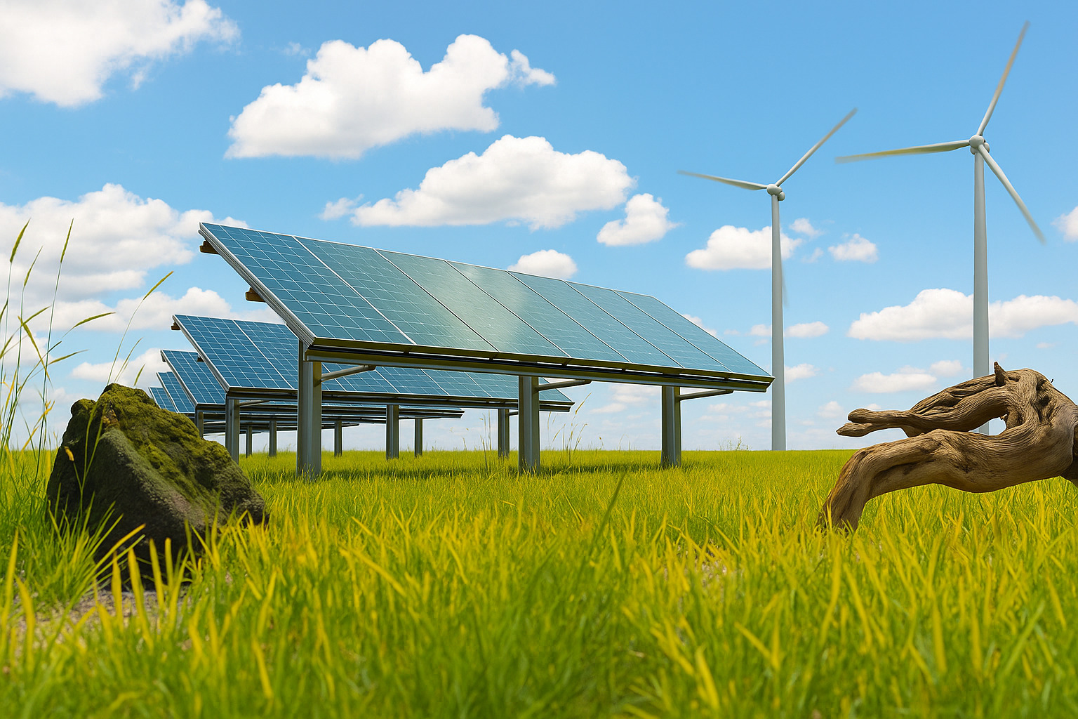 Painéis solares e turbinas eólicas em campo verde sob céu de meio-dia parcialmente nublado.