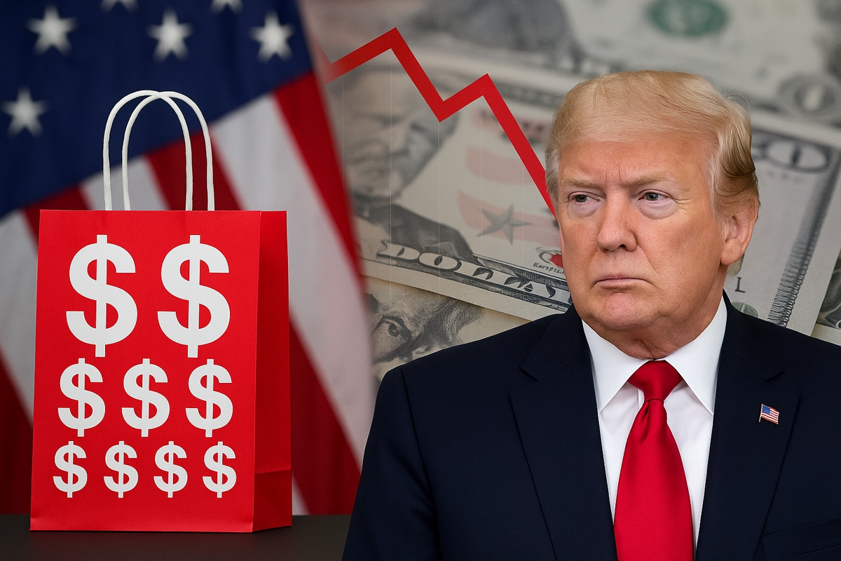 Donald Trump com expressão séria diante da bandeira dos EUA, notas de dólar ao fundo e gráfico vermelho simbolizando queda econômica