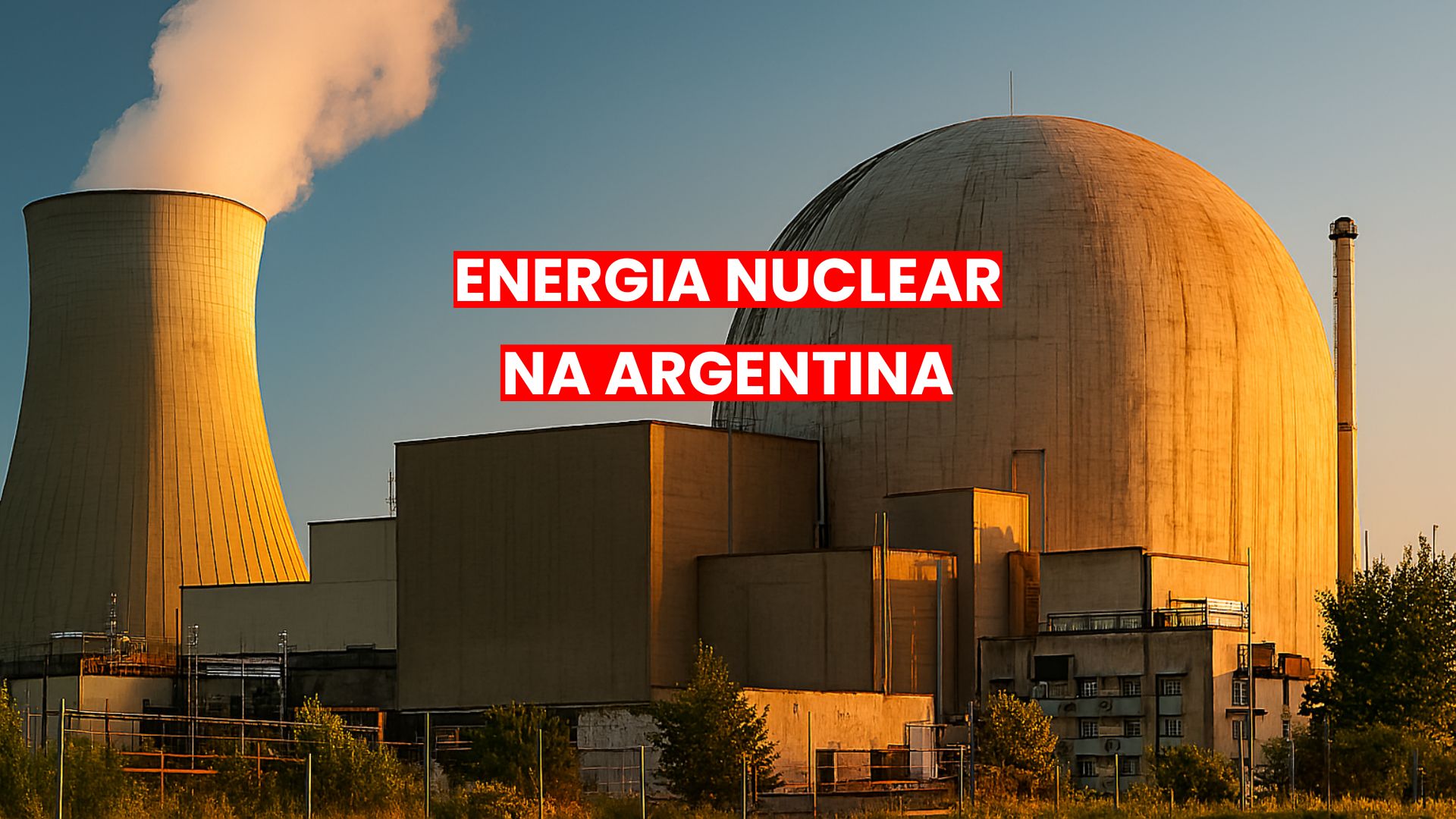 Vista panorâmica de uma usina nuclear argentina com torre de resfriamento emitindo vapor e edifício de contenção esférico ao entardecer, representando a infraestrutura energética do país.