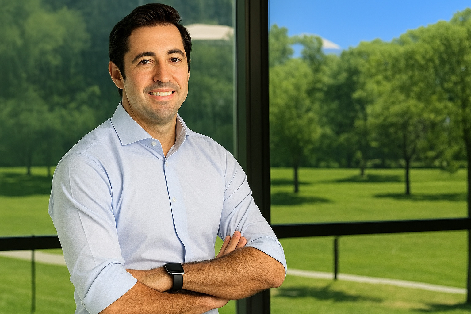 Homem sorridente de camisa social branca em frente a uma janela com vista externa clara ao meio-dia.