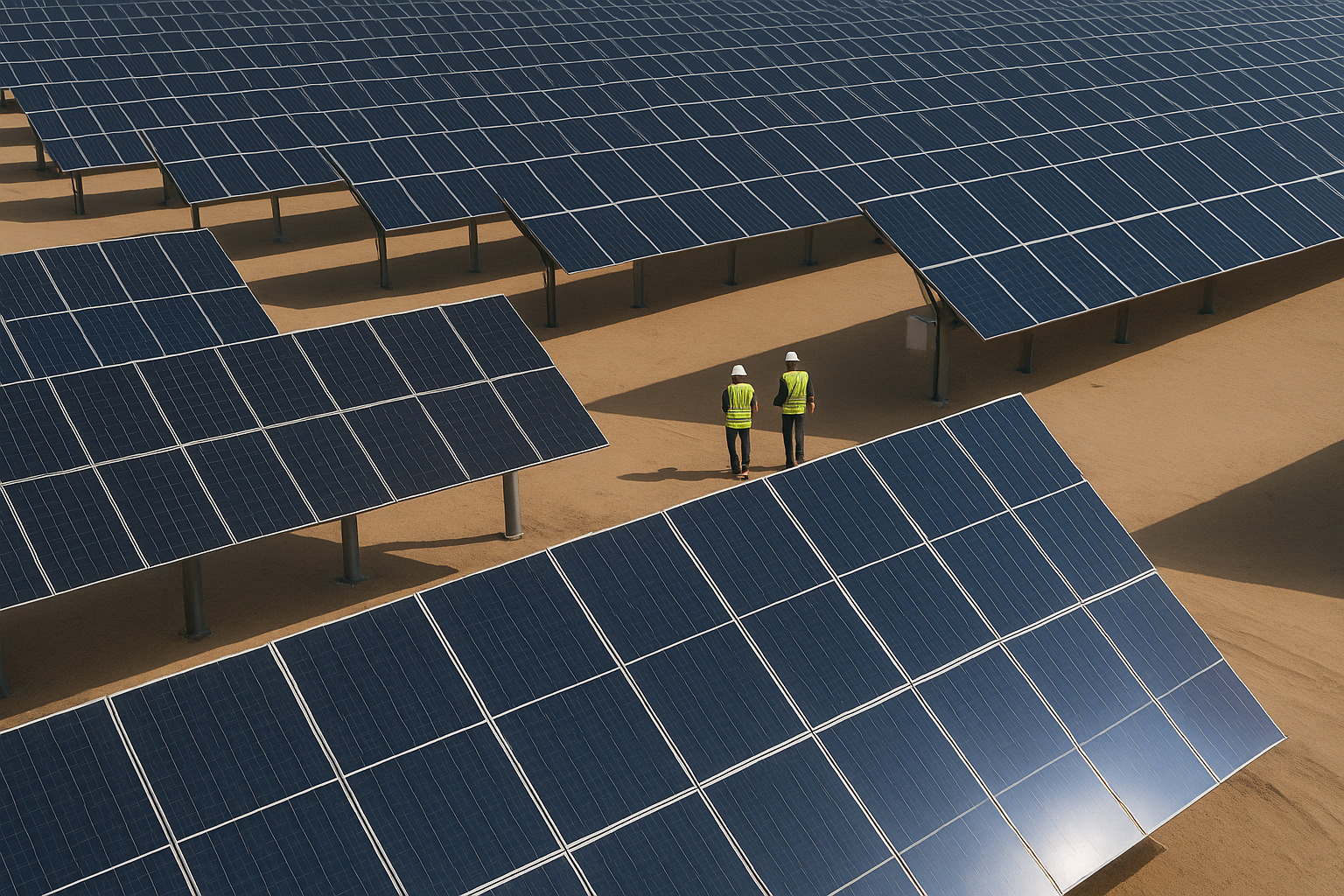Vista aérea de uma usina solar no deserto, com dois profissionais de colete de segurança caminhando entre fileiras de painéis solares.