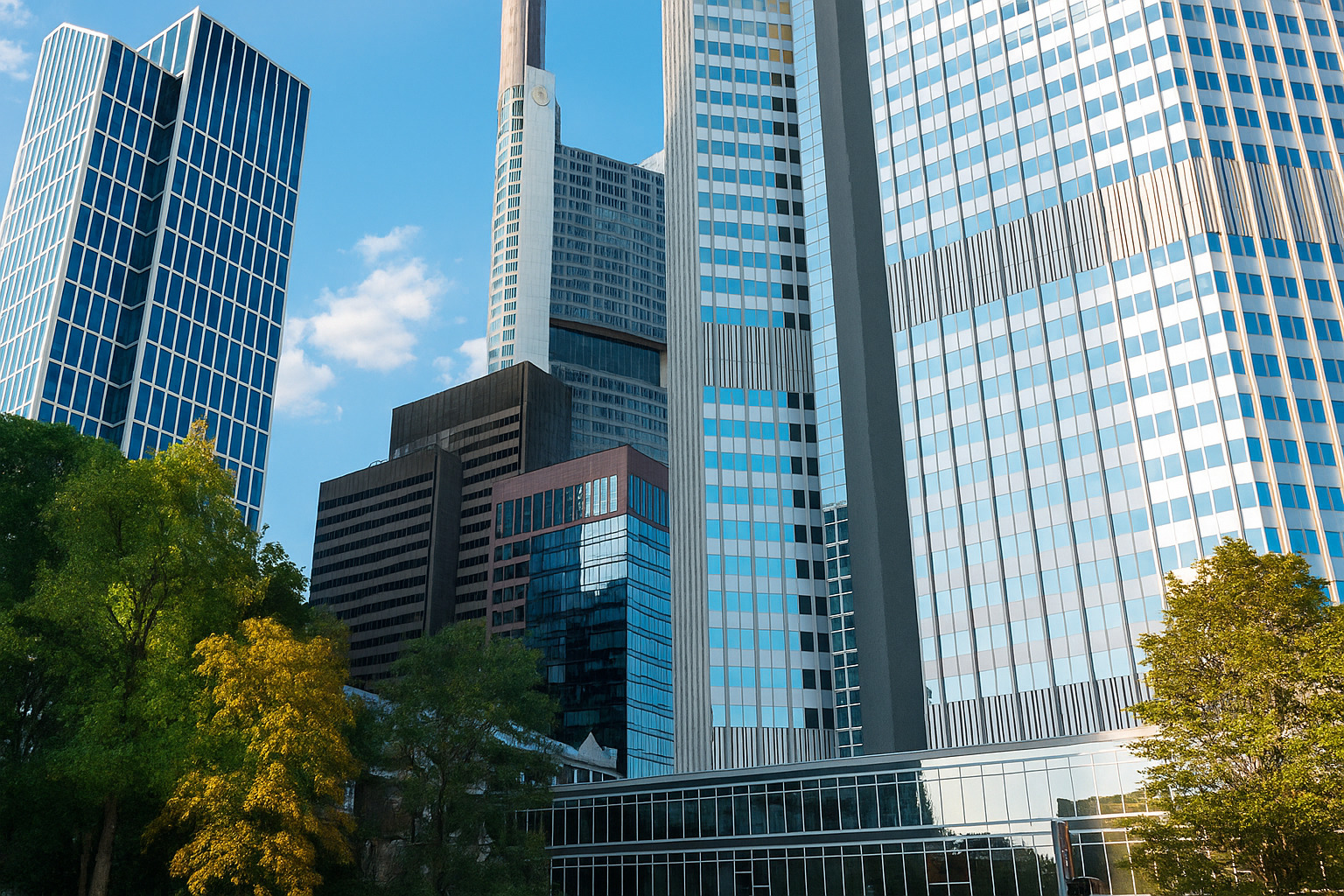 Fachada de prédios modernos em área urbana sob céu azul claro.
