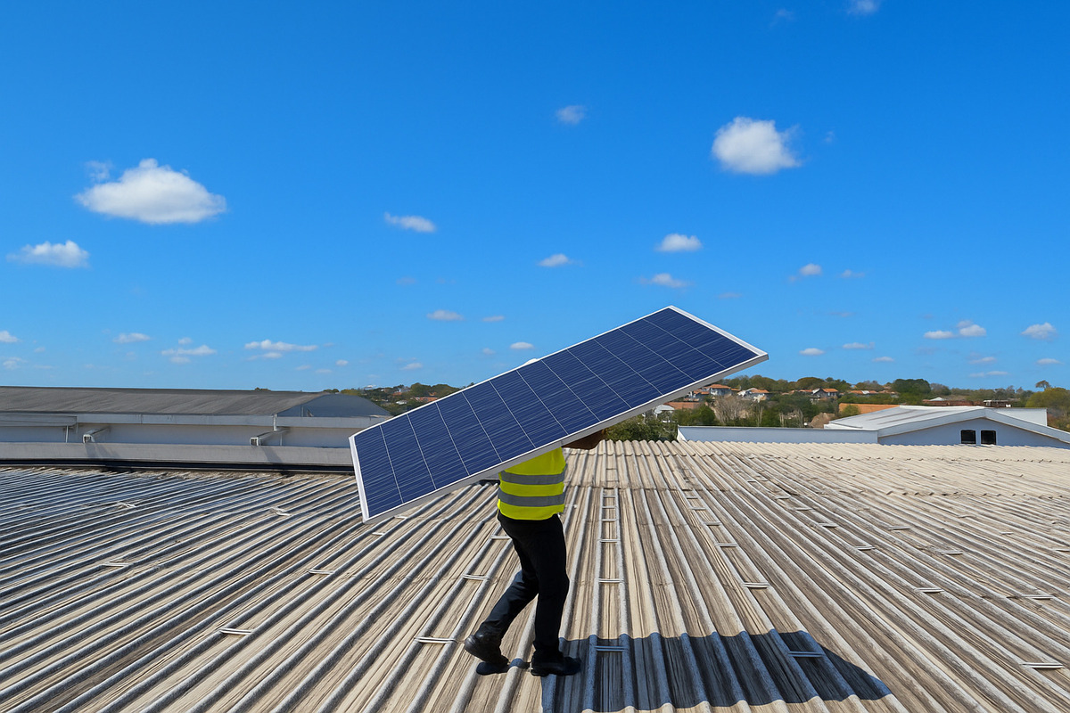 Trabalhador carregando um painel solar sobre o telhado de uma edificação em um dia ensolarado, com céu claro.