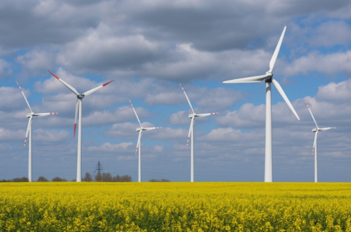 Campo de flores amarelas com turbinas eólicas ao fundo sob céu parcialmente nublado.