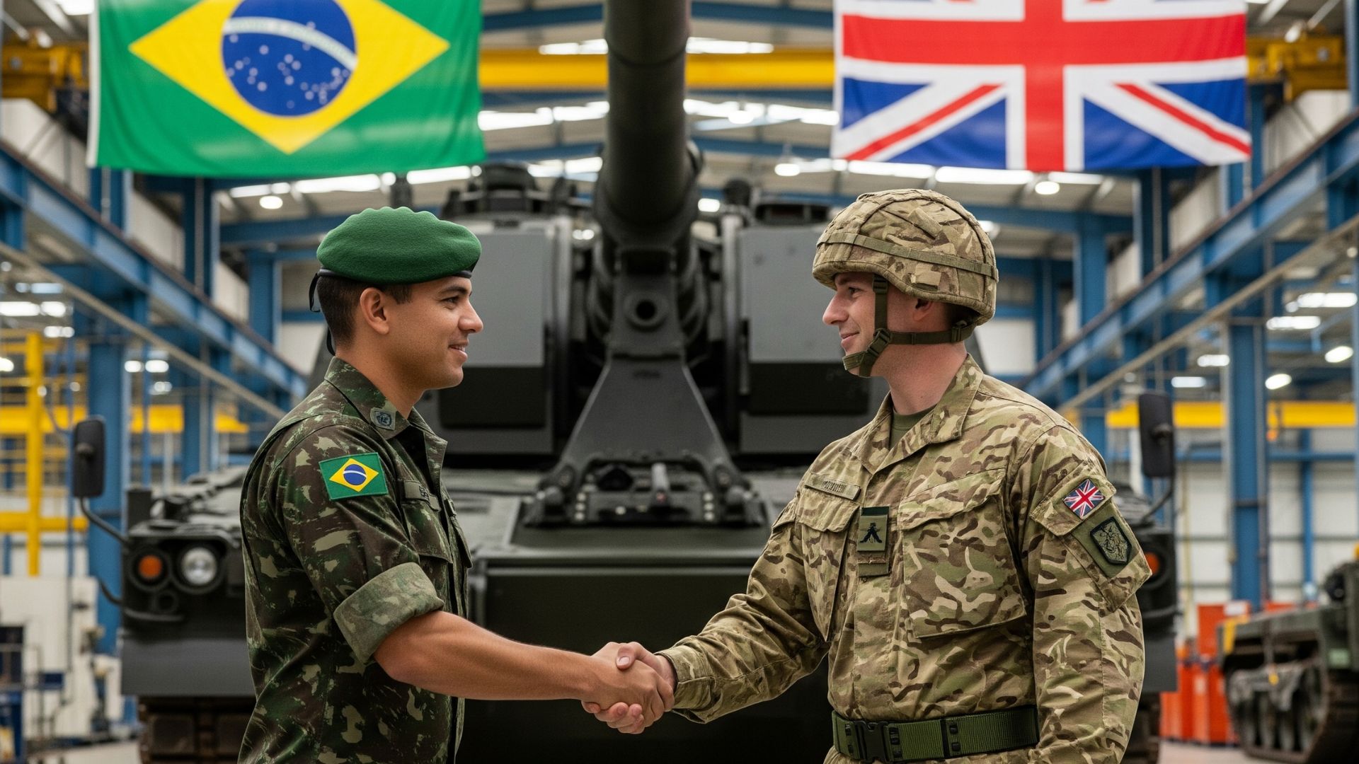 Soldados do Exército brasileiro e do Reino Unido apertam as mãos em frente a veículos militares, simbolizando parceria internacional em instalação industrial.