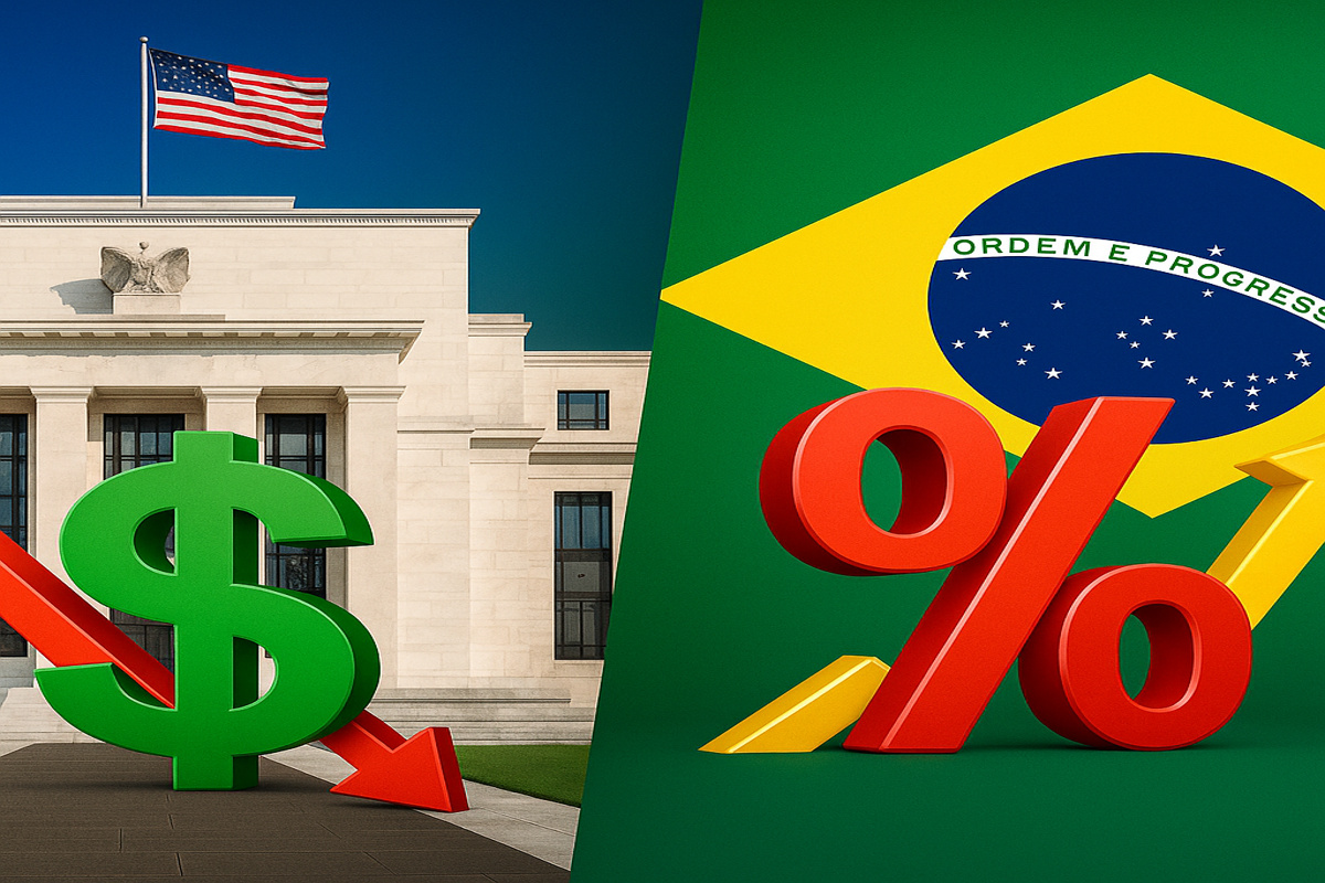 Comparativo entre Fed e Copom com dólar em queda nos EUA e Selic alta no Brasil em 2025 e 2026