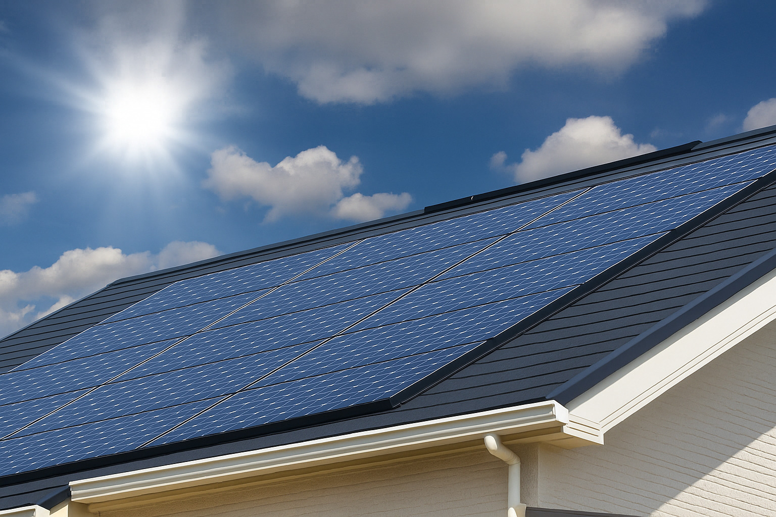 Painéis solares em telhado com céu parcialmente nublado.