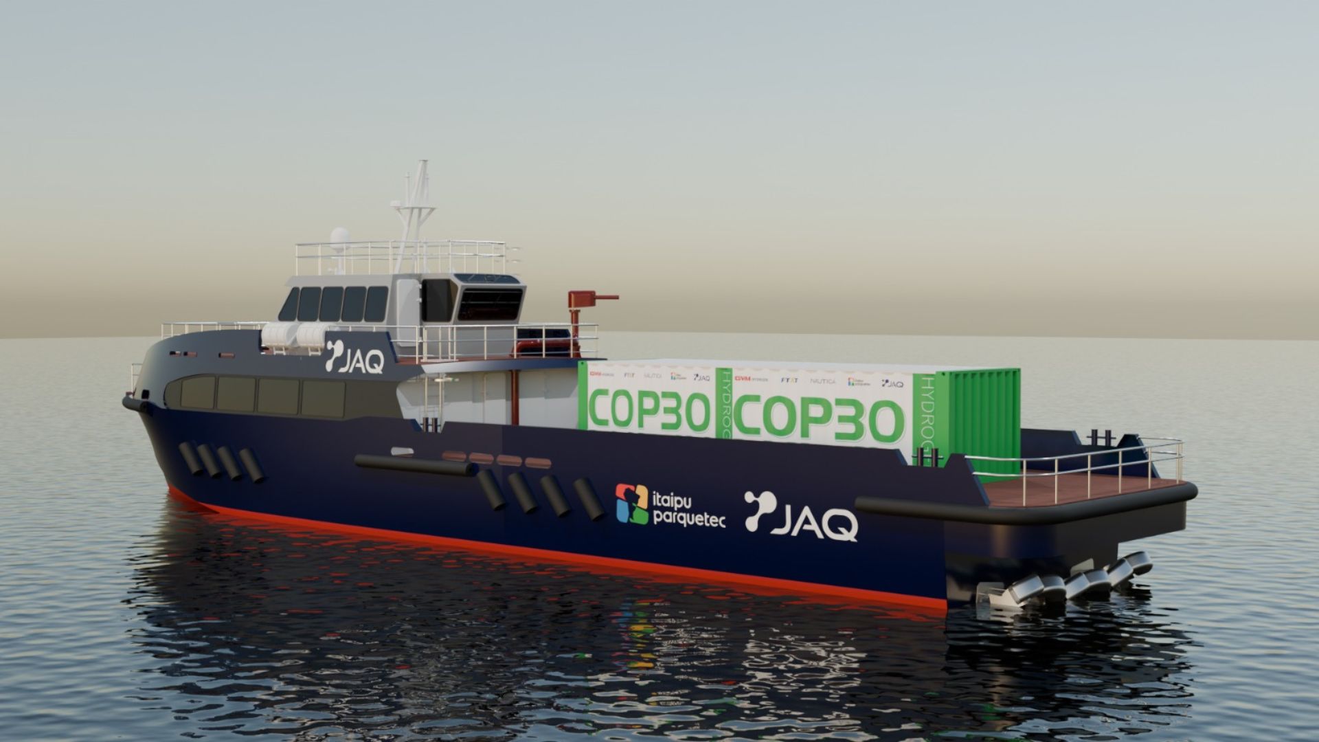 Navio de carga moderno com contêineres rotulados em cirílico e marcas da JAQ e Globus Logistic, navegando em águas calmas.