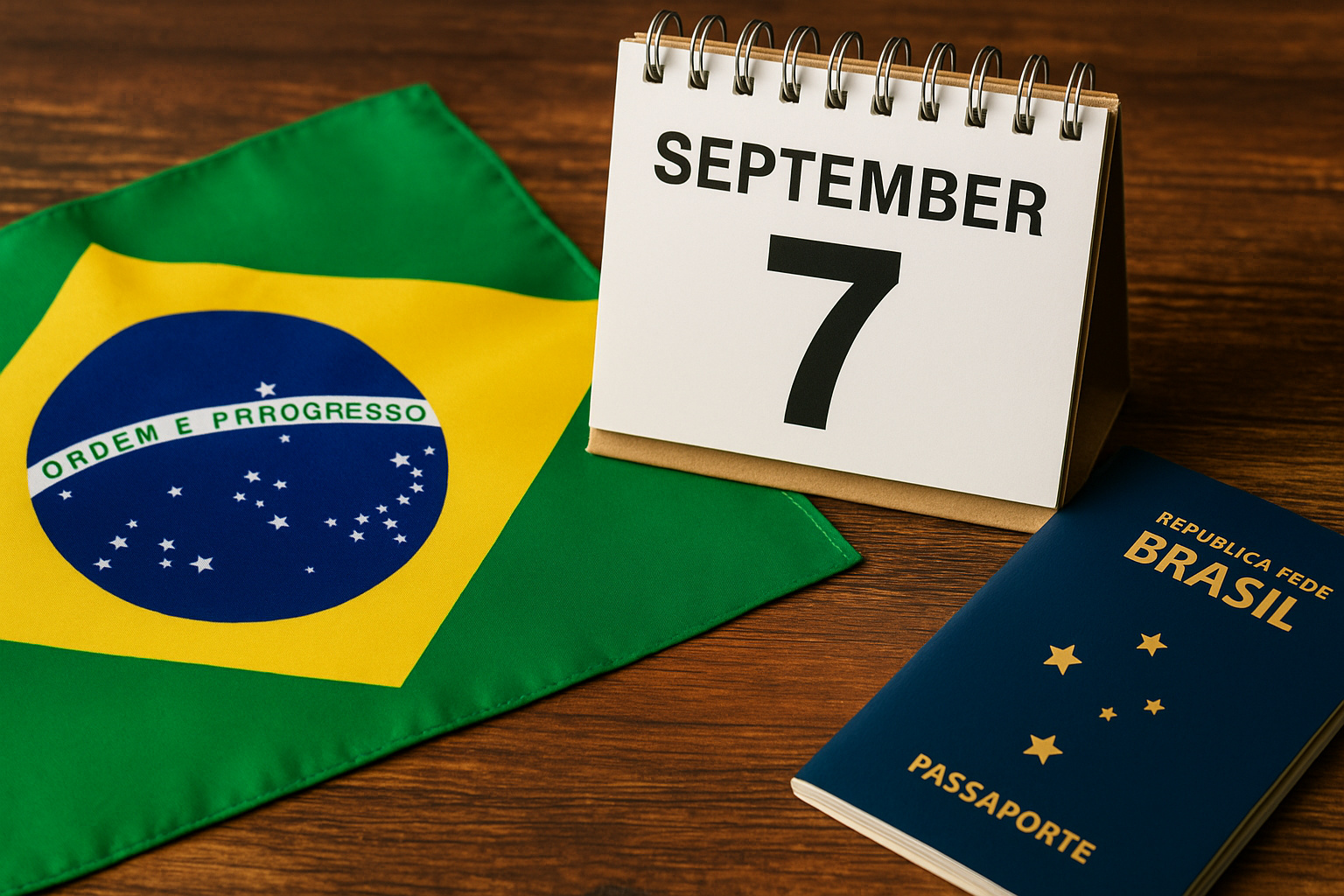 Bandeira do Brasil, calendário marcado em 7 de setembro e passaporte, representando o feriado da Independência de 2025.