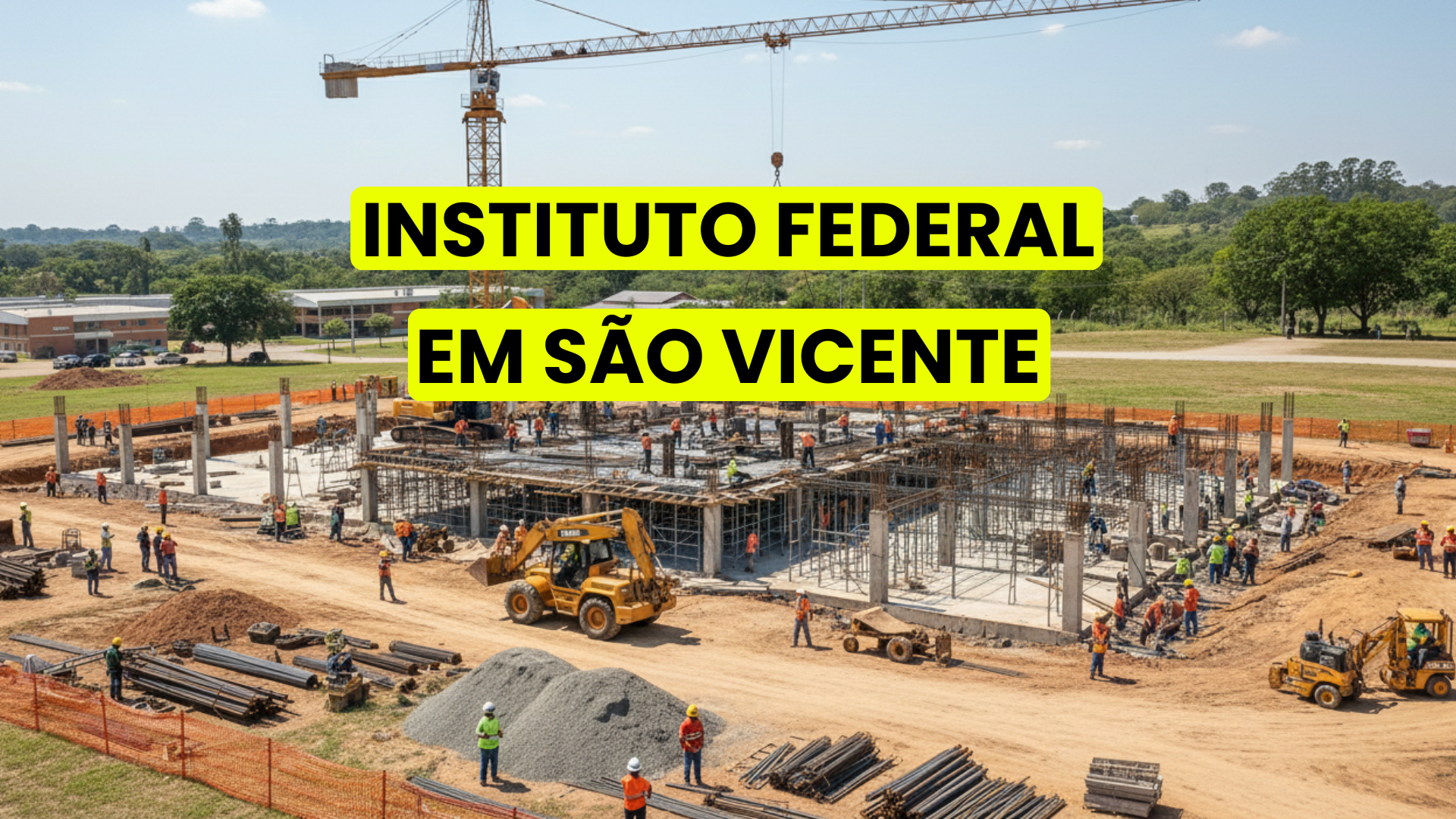 Construção do novo campus do Instituto Federal em São Vicente, com trabalhadores, máquinas e materiais em atividade, cercado por áreas verdes e edificações ao fundo.