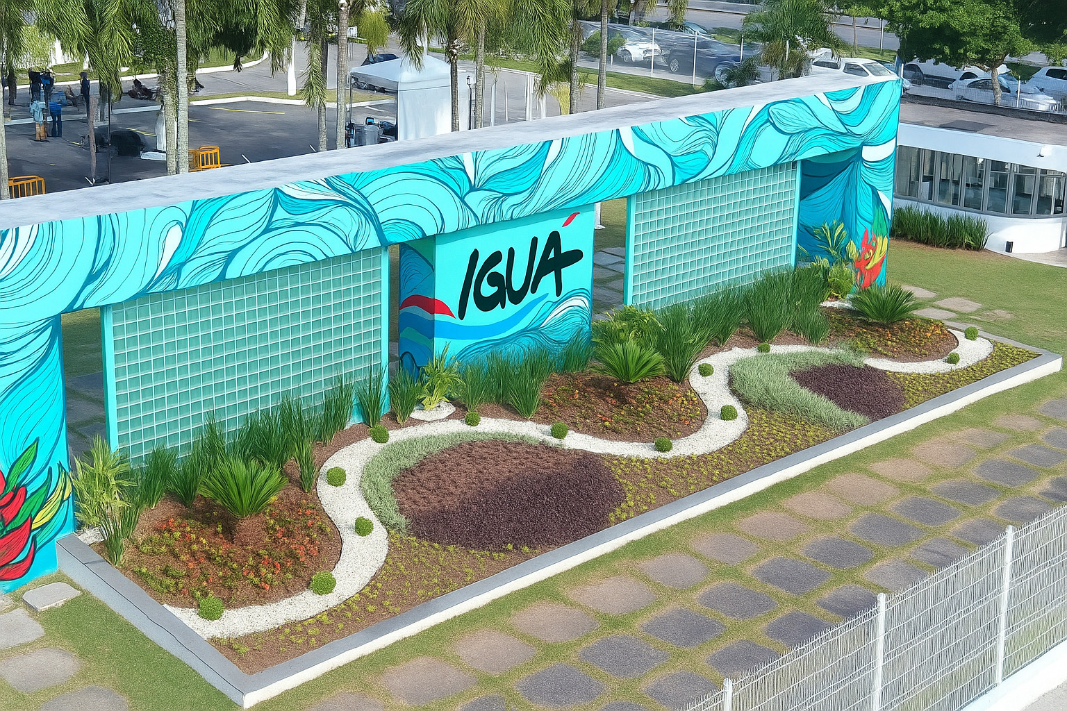 Entrada da empresa Iguá com jardim paisagístico em frente e estrutura colorida em azul.