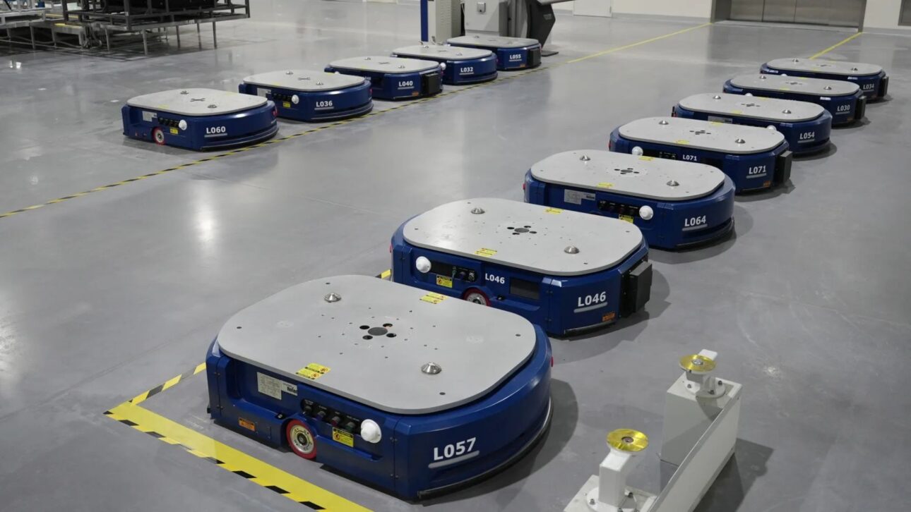 Vehículos autónomos móviles (AGVs) organizados en el suelo de la fábrica, evidenciando el flujo logístico automatizado en el montaje.
(Imagen: TopGear — automatización con robots de transporte en la línea de producción)