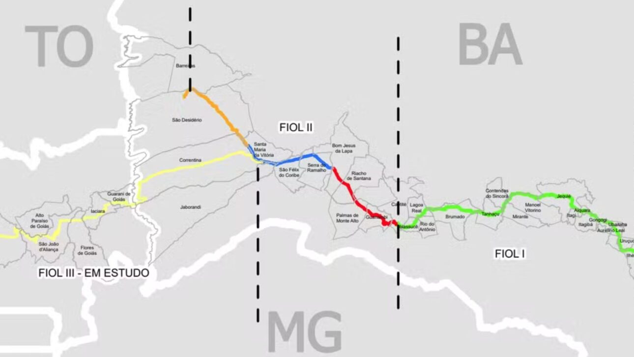 En rojo, trecho II de la Fiol, cuyo edital de construcción fue lanzado por el gobierno Lula — Foto: Reprodução/InfraSA