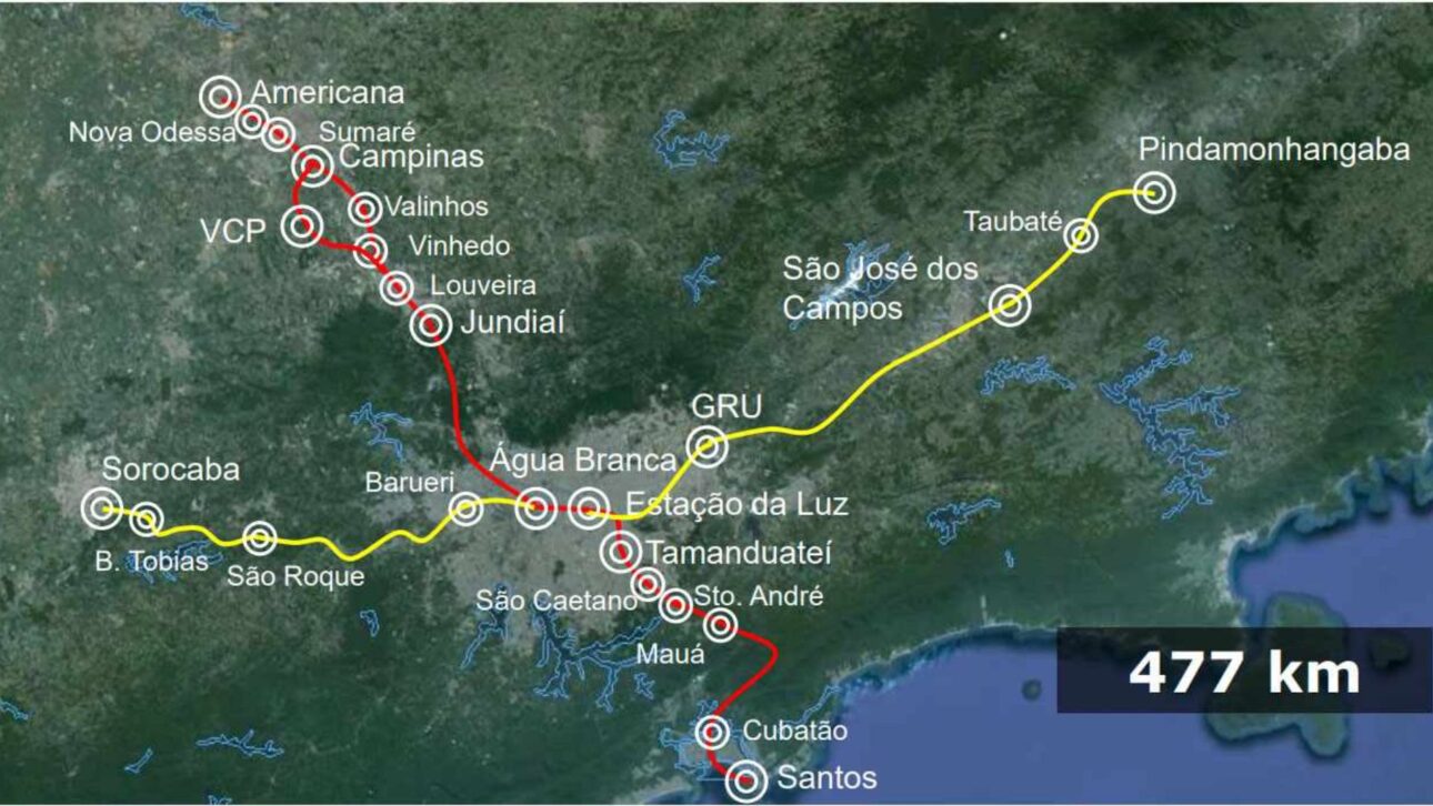 Mapa de trayectos ferroviarios sugeridos entre São Paulo y Santos ilustrando estudio de trazado por Sierra del Mar o Mongaguá. (Imagen: Metrô CPTM)