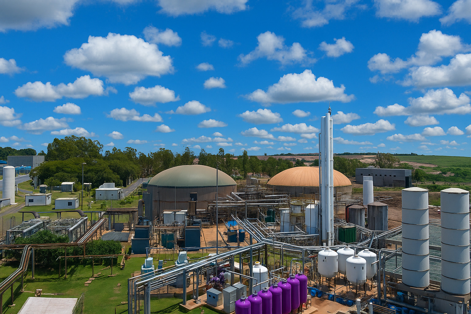 Vista aérea de uma usina de biogás com tanques e tubulações, sob um céu azul com nuvens.