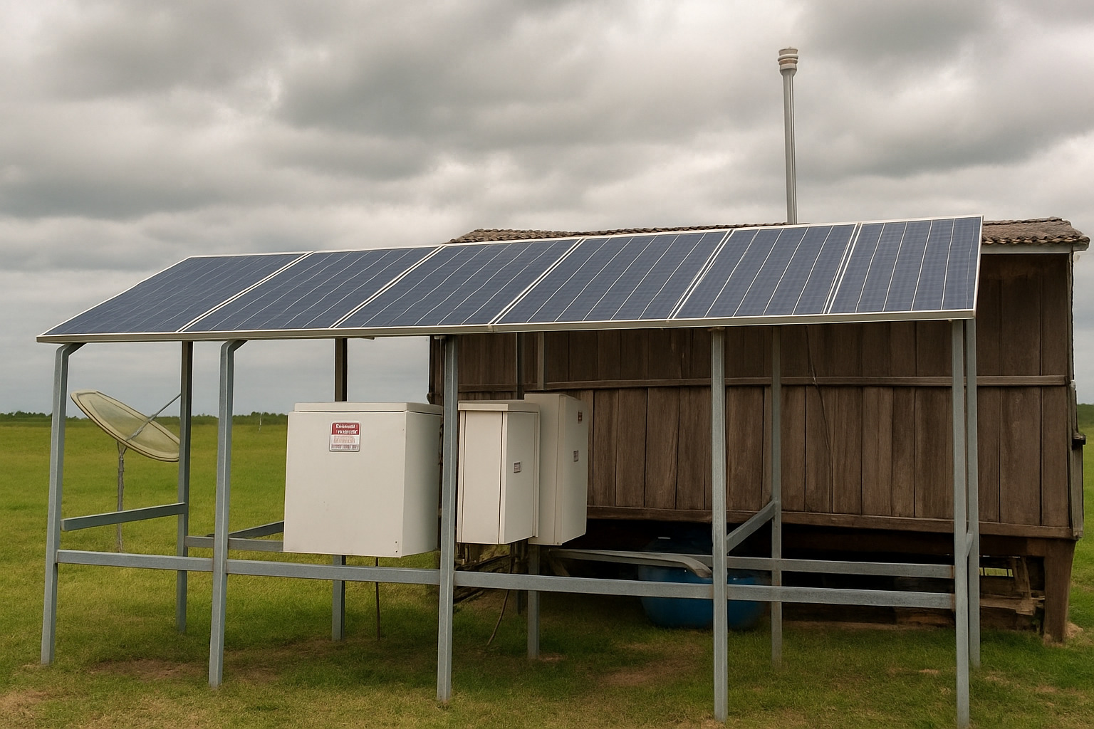 Estrutura com painéis solares instalados ao lado de uma construção rural sob céu parcialmente nublado.