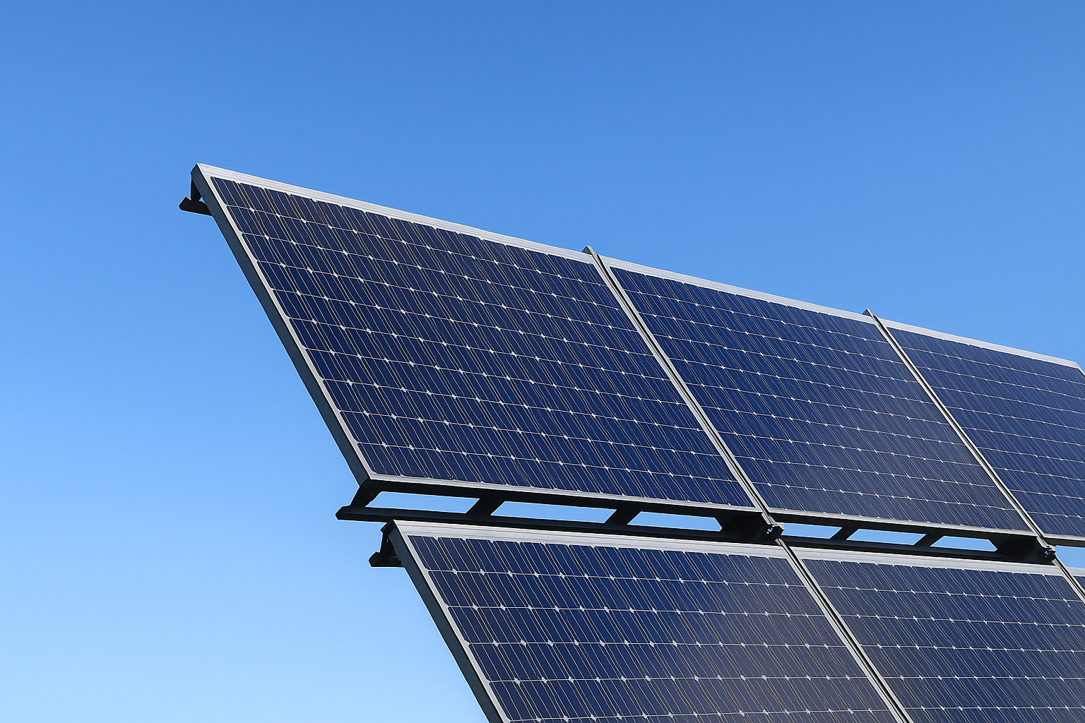 Painéis solares sob céu limpo e ensolarado.