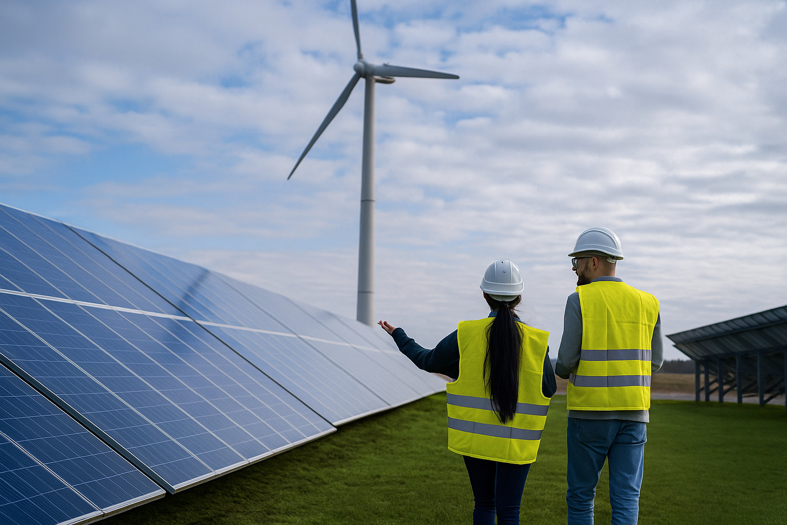 Painéis solares e turbinas eólicas em funcionamento sob um céu azul limpo.