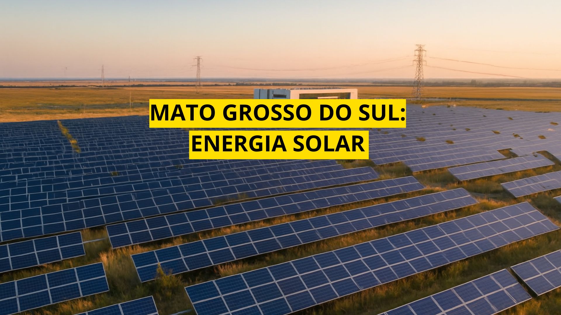 Aérea de uma fazenda solar ao entardecer, com painéis fotovoltaicos alinhados em campo aberto, prédio operacional ao fundo e torres de transmissão conectando o sistema à rede elétrica.