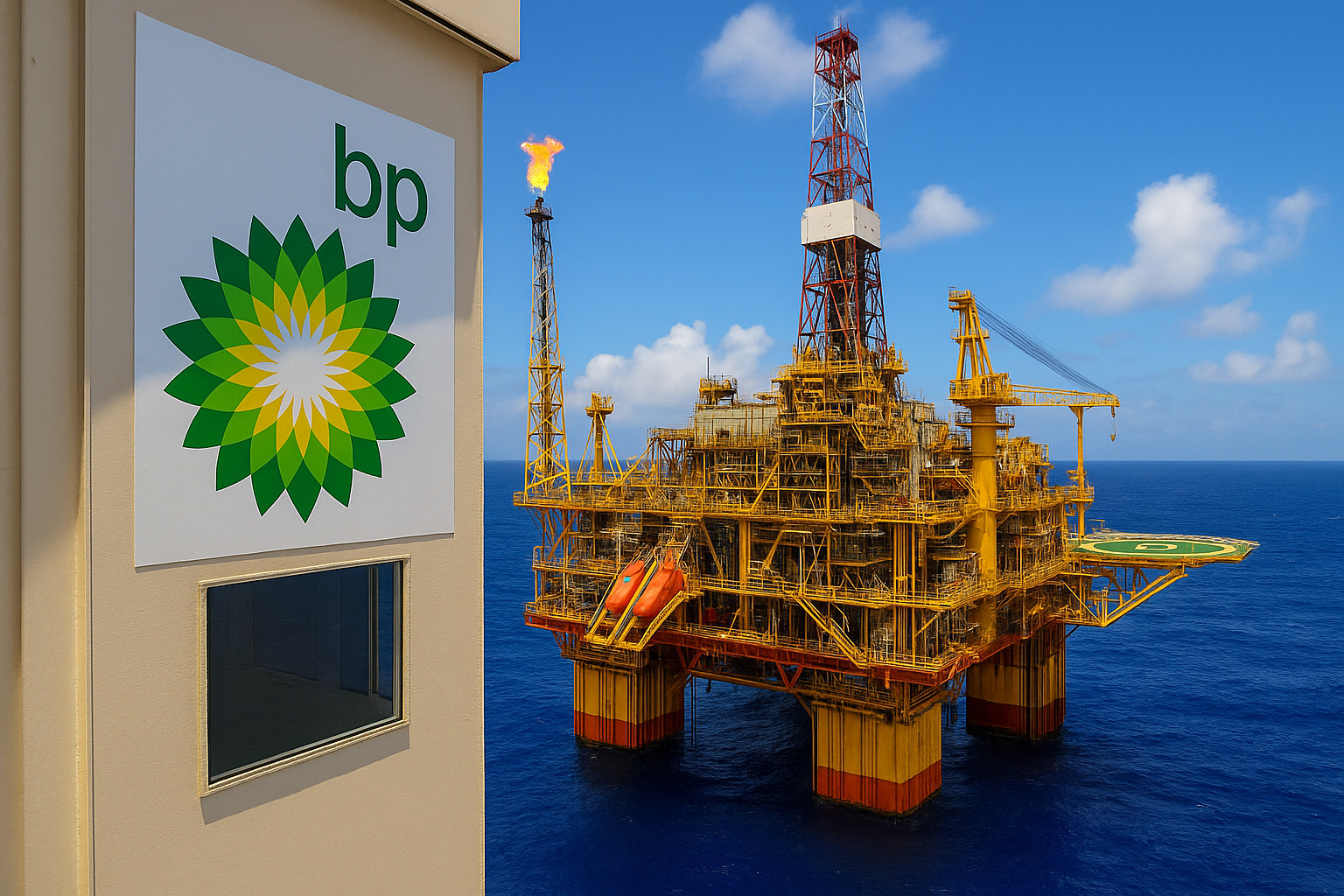 Plataforma de petróleo offshore da BP no Brasil com estrutura amarela, torre de perfuração e heliponto em operação no pré-sal.