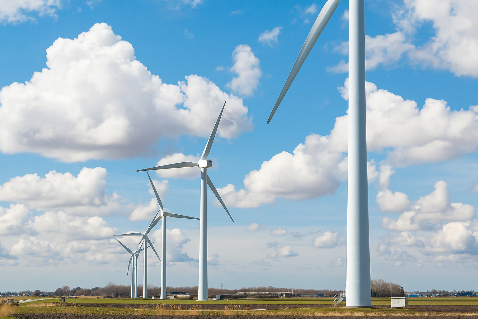 Campos verdes com turbinas eólicas brancas sob um céu azul com muitas nuvens.