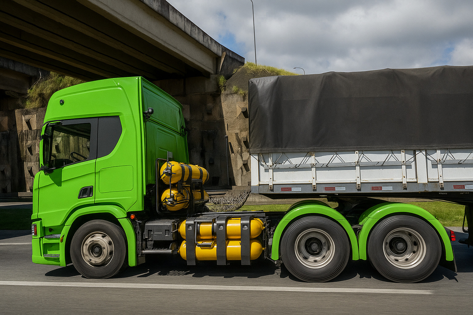 Caminhão verde movido a gás natural trafegando em rodovia com céu parcialmente nublado.