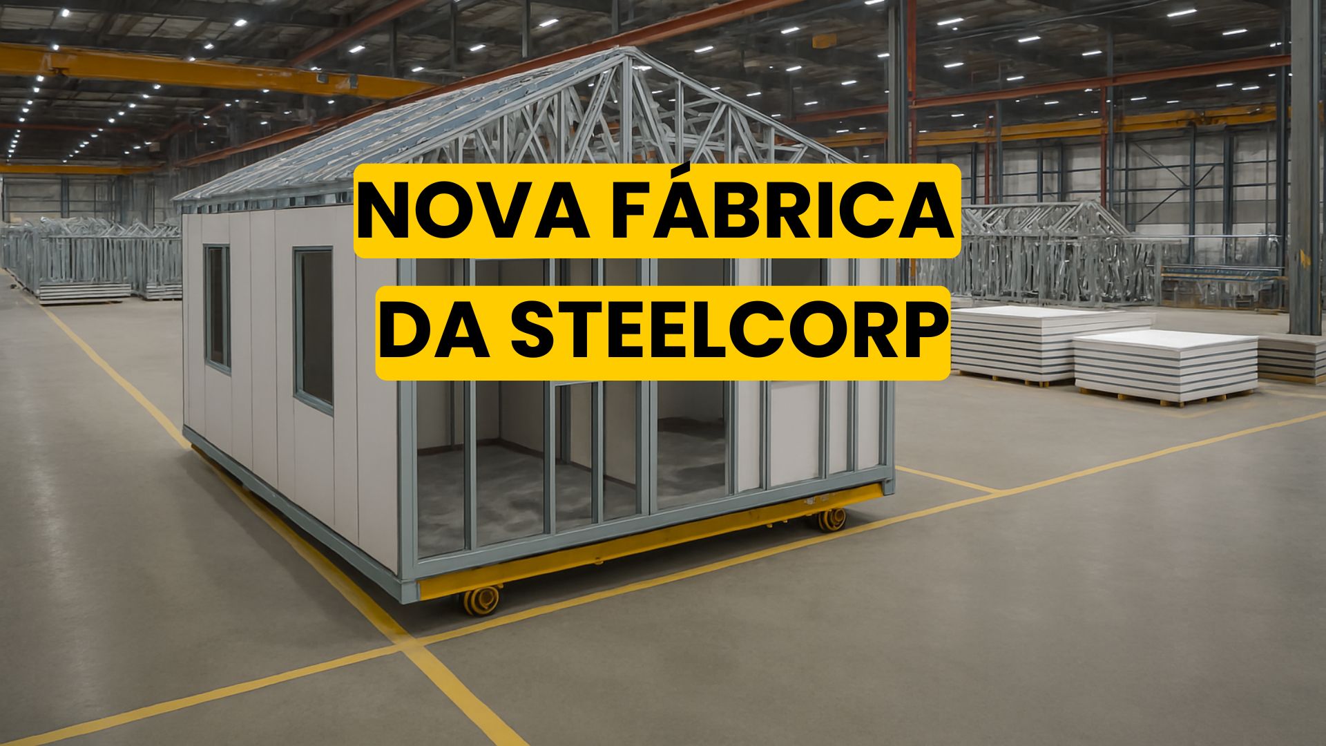 Módulo habitacional pré-fabricado em estrutura metálica dentro de fábrica industrial da SteelCorp, com iluminação artificial e ambiente organizado.