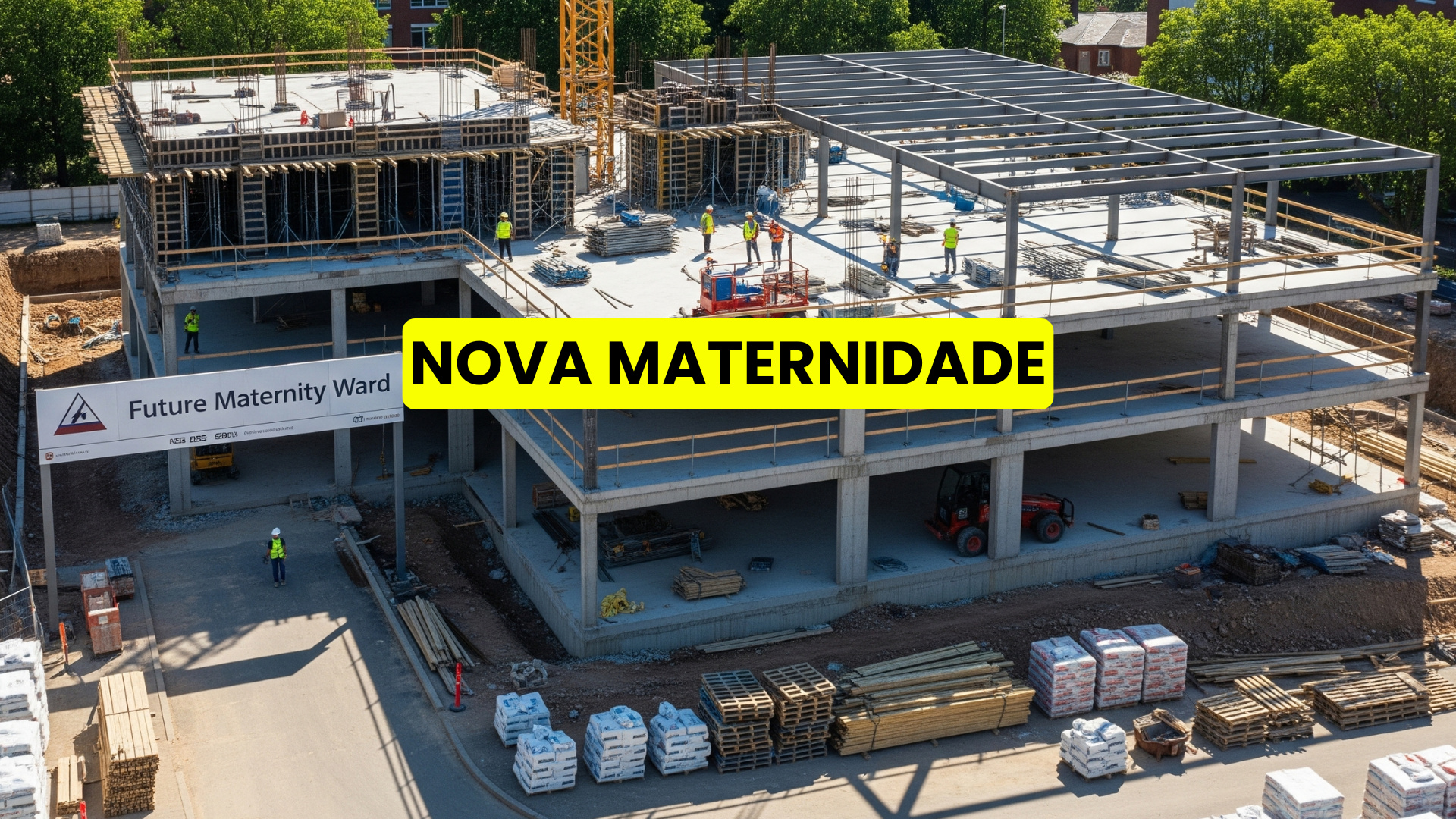 Vista aérea de trabalhadores construindo uma maternidade em estrutura de concreto, com materiais de obra espalhados e céu azul ao fundo.
