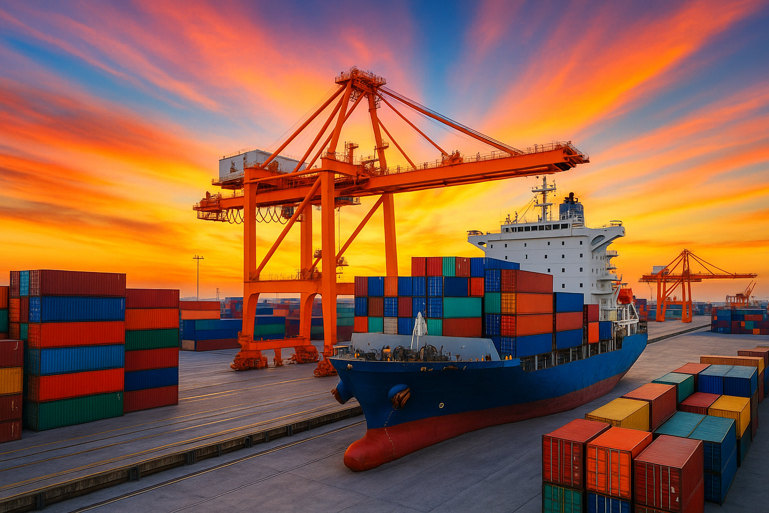 Navio cargueiro em porto brasileiro moderno com guindastes e contêineres coloridos ao pôr do sol