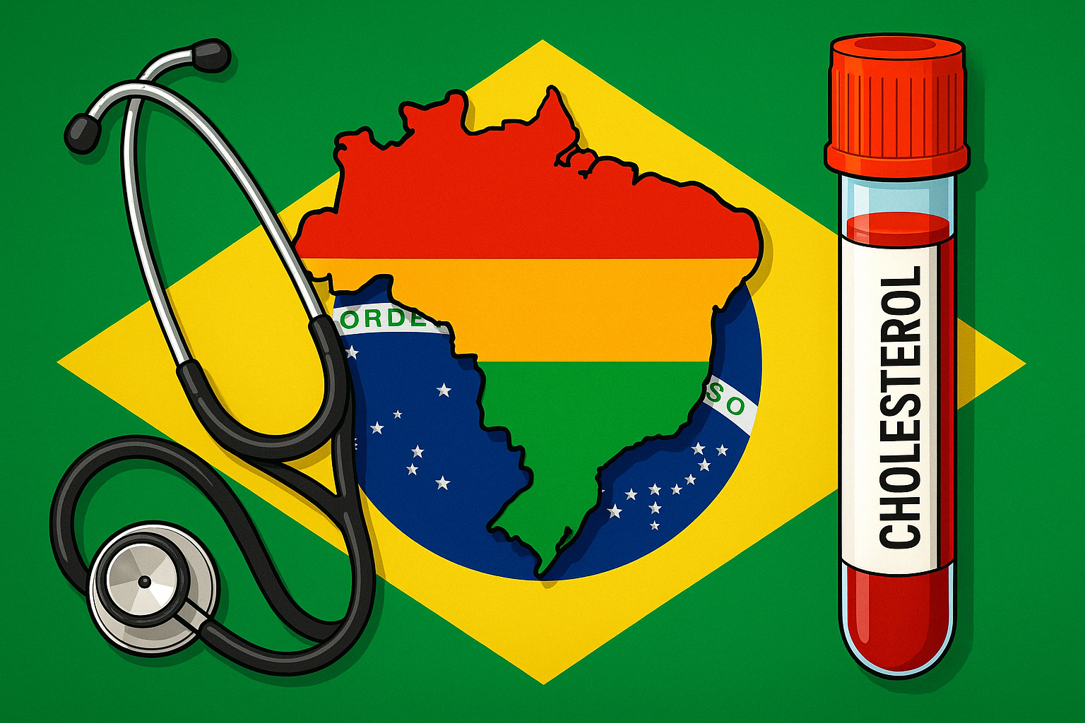 Estetoscópio, mapa do Brasil e tubo de colesterol sobre a bandeira brasileira, simbolizando a nova diretriz da SBC em 2025.