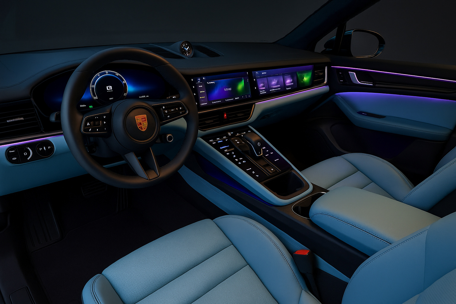 Interior futurista do Novo Porsche Cayenne Electric com telas OLED curvas e iluminação ambiente sofisticada.