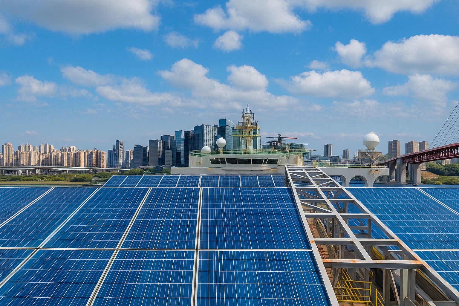 Fachada de uma usina solar moderna sob céu limpo e ensolarado.