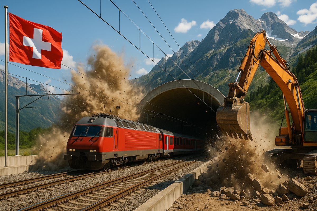 Na Suíça, o túnel ferroviário mais longo do mundo atravessa os Alpes com 57 km, marco da engenharia que revolucionou o transporte europeu.