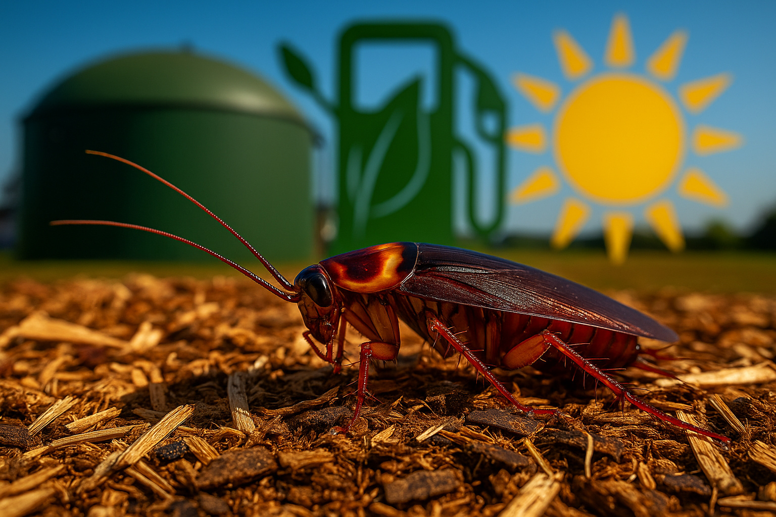Barata sobre biomassa com símbolos de energia renovável ao fundo, representando pesquisa científica para produção sustentável de etanol.