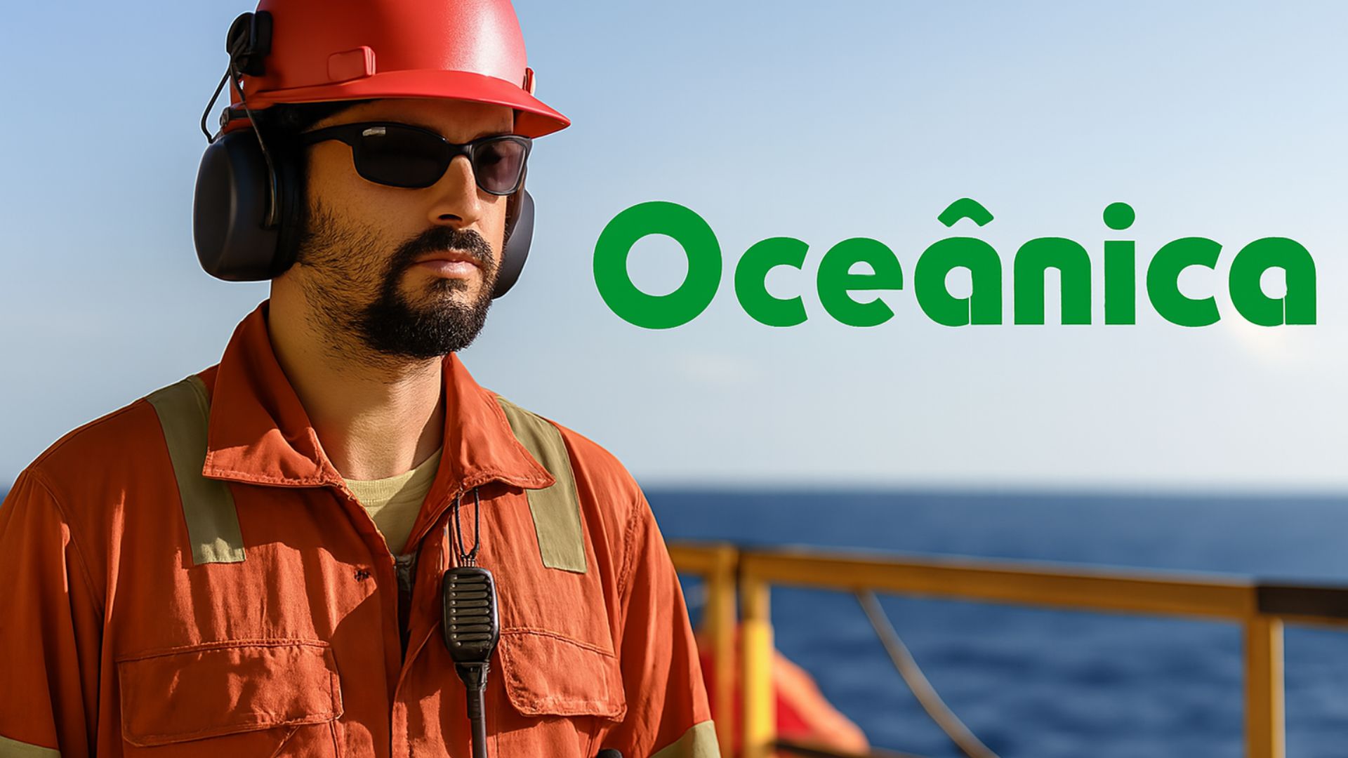 Trabalhador offshore da Oceânica em plataforma marítima com o oceano ao fundo e logotipo da empresa em destaque