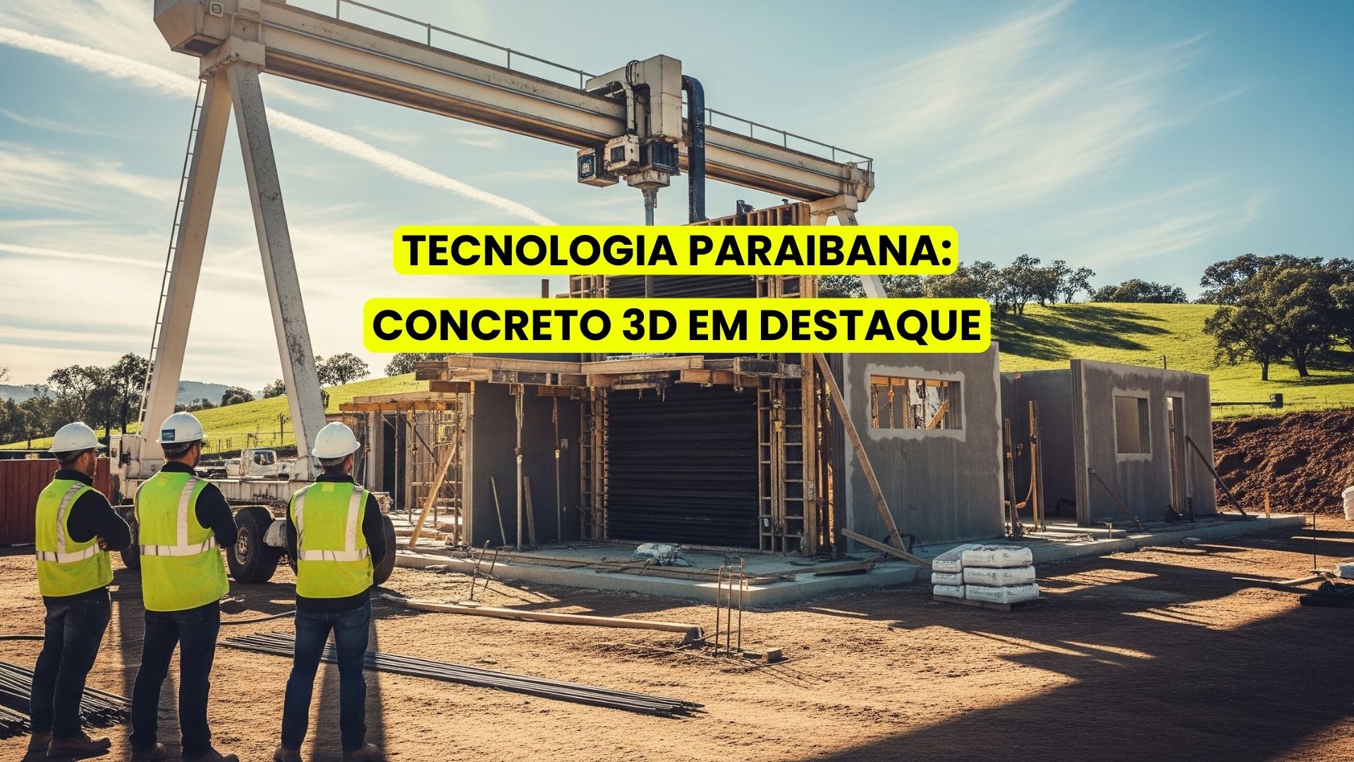 Trabalhadores construíndo uma casa com impressão 3D